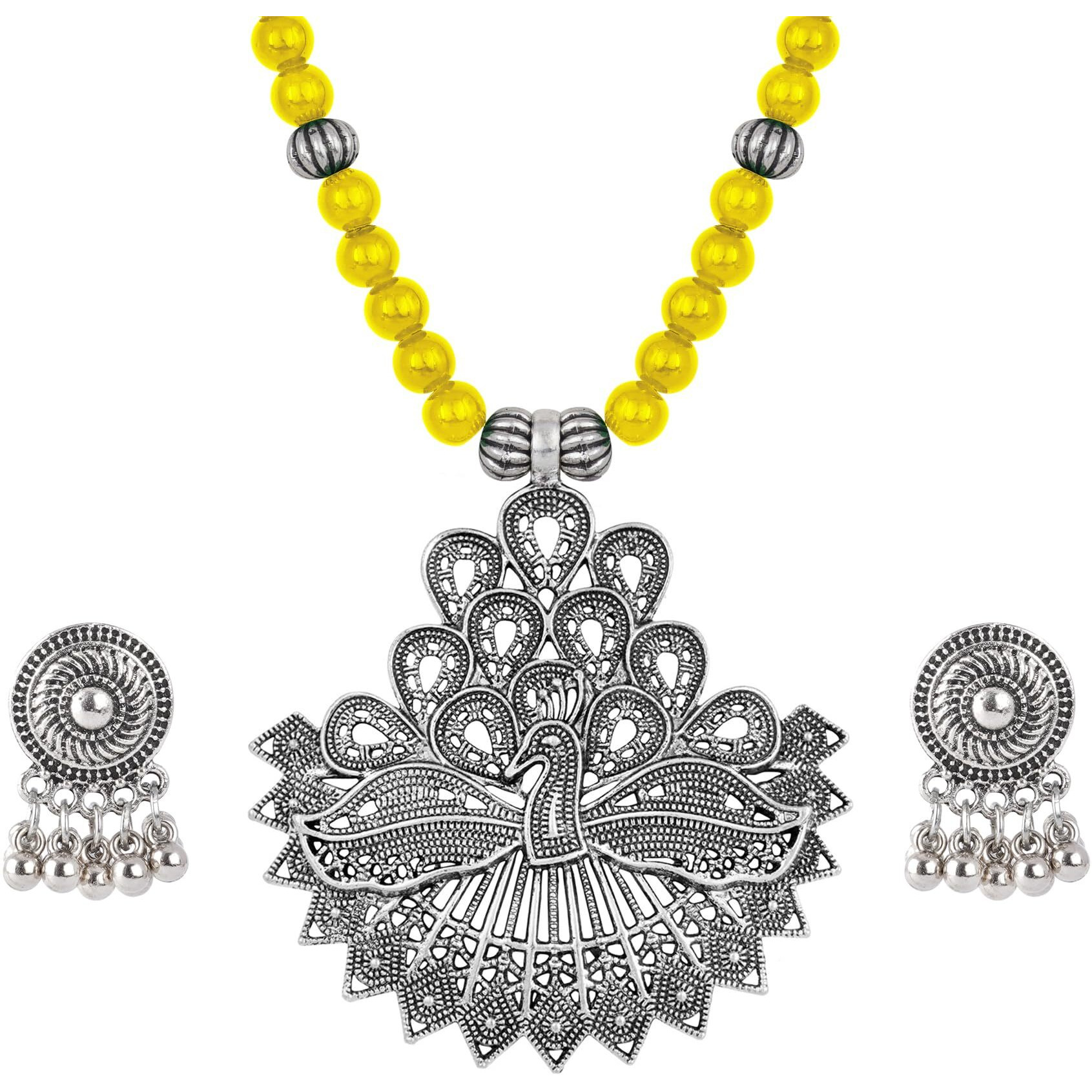 JFL - Jewellery for Less Contemporary Handcrafted Peacock German Silver Oxidized Beaded Necklace Set with Earrings for Women & Girls (Mustard Yellow),Valentine