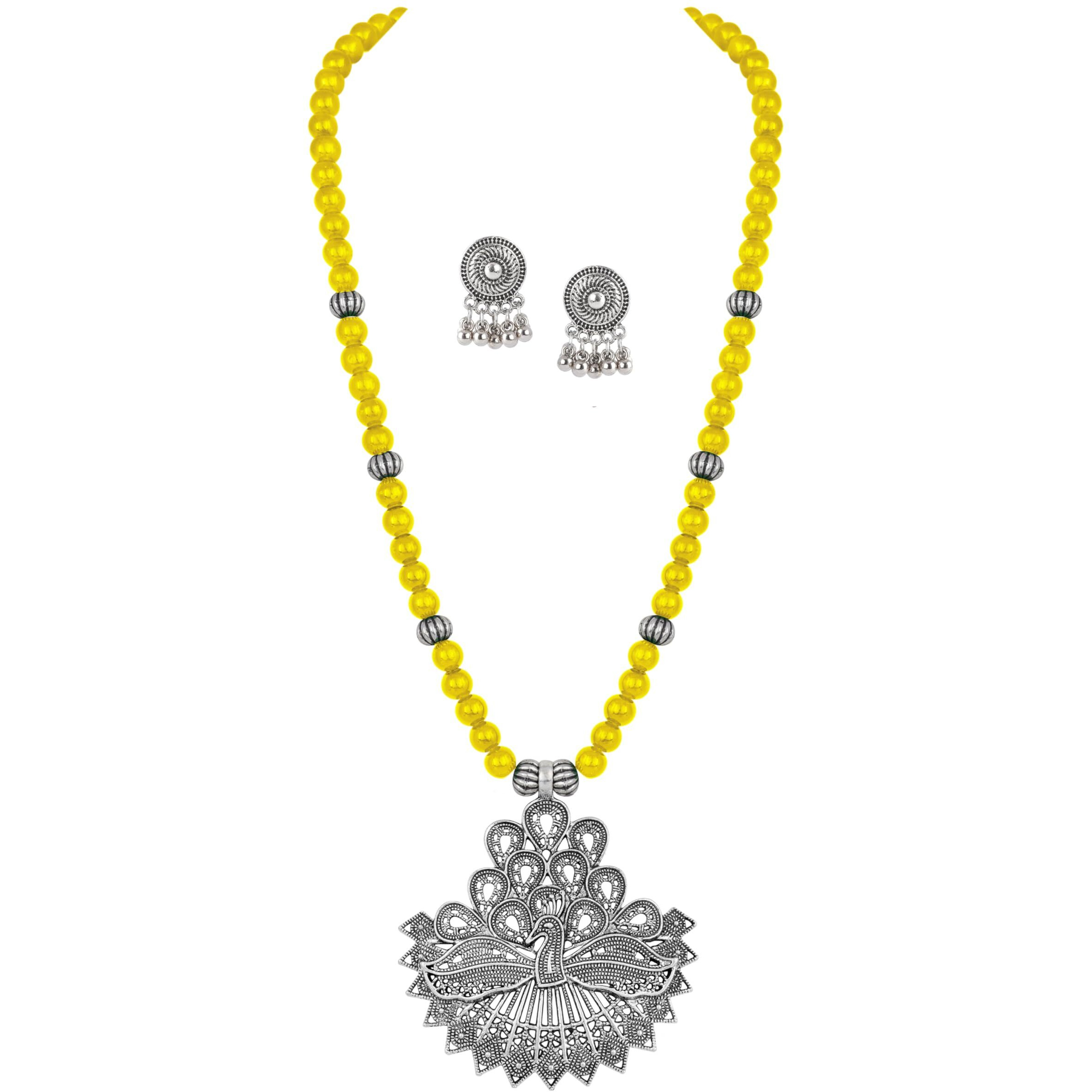 JFL - Jewellery for Less Contemporary Handcrafted Peacock German Silver Oxidized Beaded Necklace Set with Earrings for Women & Girls (Mustard Yellow),Valentine