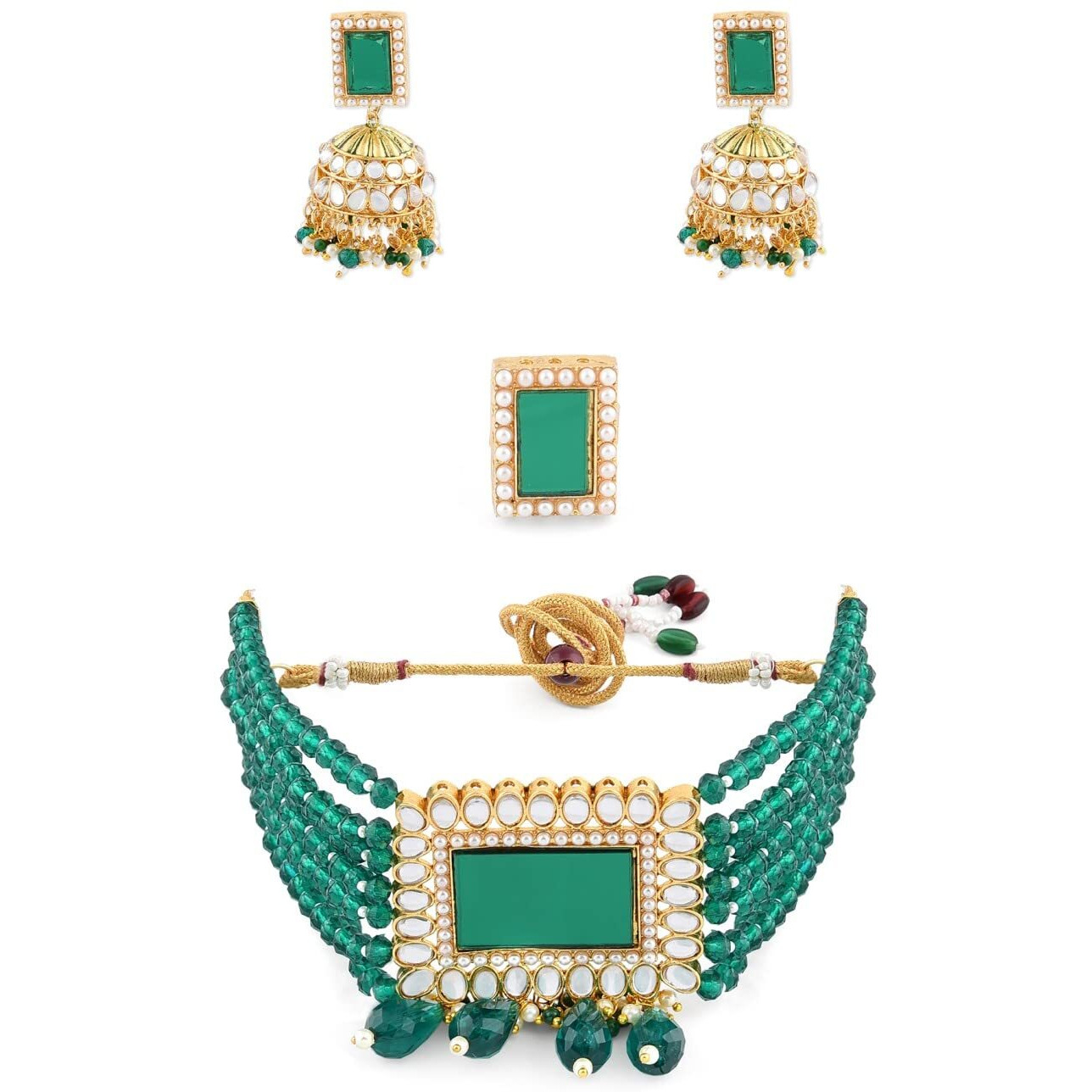 ZAVERI PEARLS Green Multistrand Kundan Choker Necklace Earring & Ring Set For Women-ZPFK11454