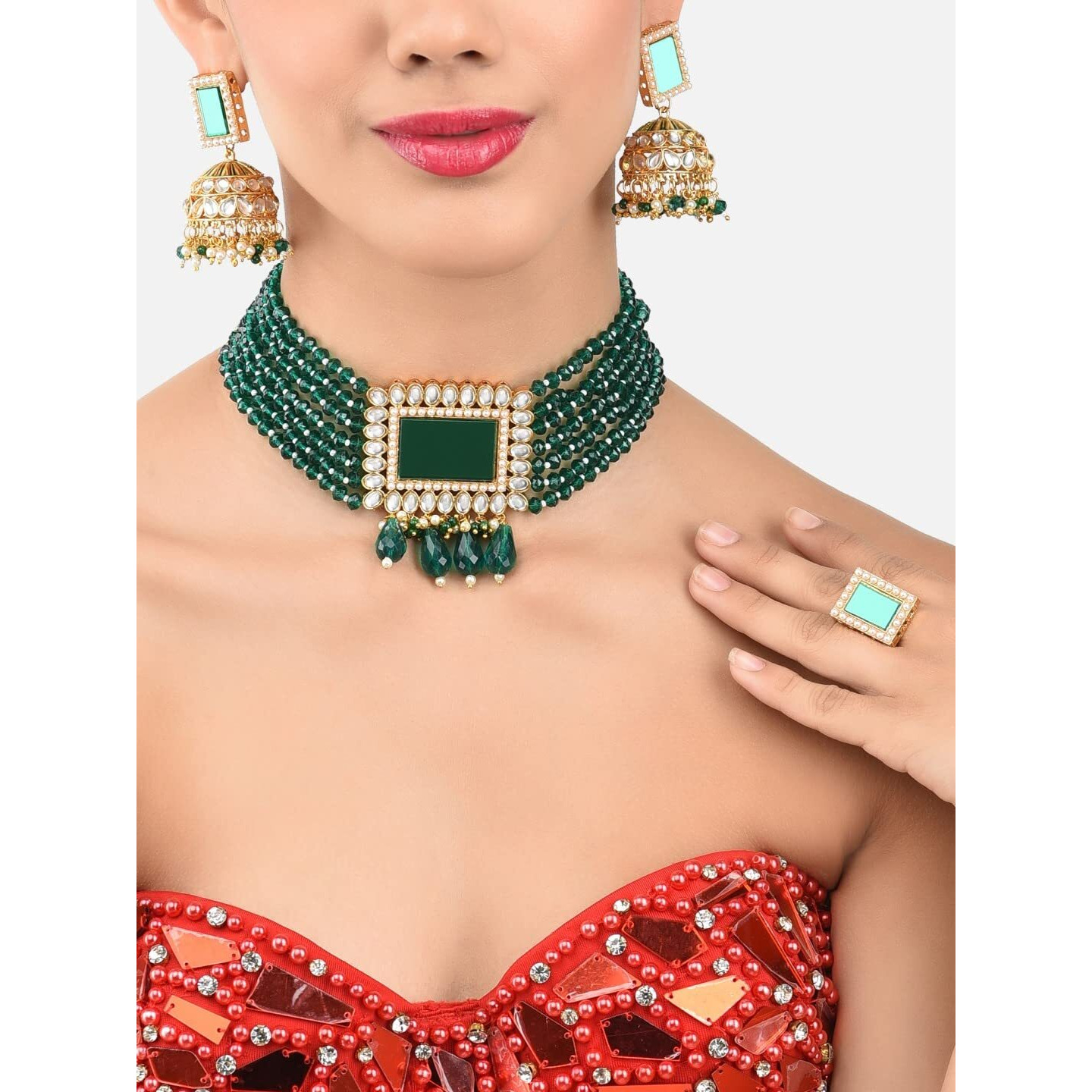 ZAVERI PEARLS Green Multistrand Kundan Choker Necklace Earring & Ring Set For Women-ZPFK11454