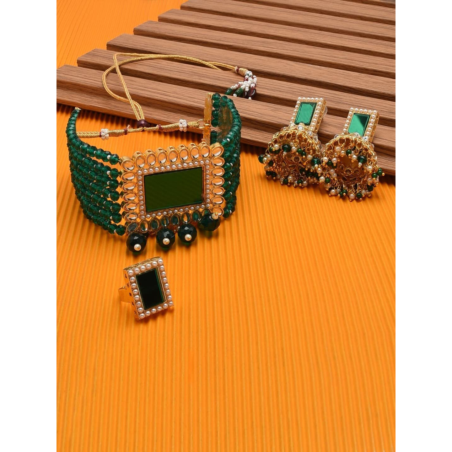 ZAVERI PEARLS Green Multistrand Kundan Choker Necklace Earring & Ring Set For Women-ZPFK11454