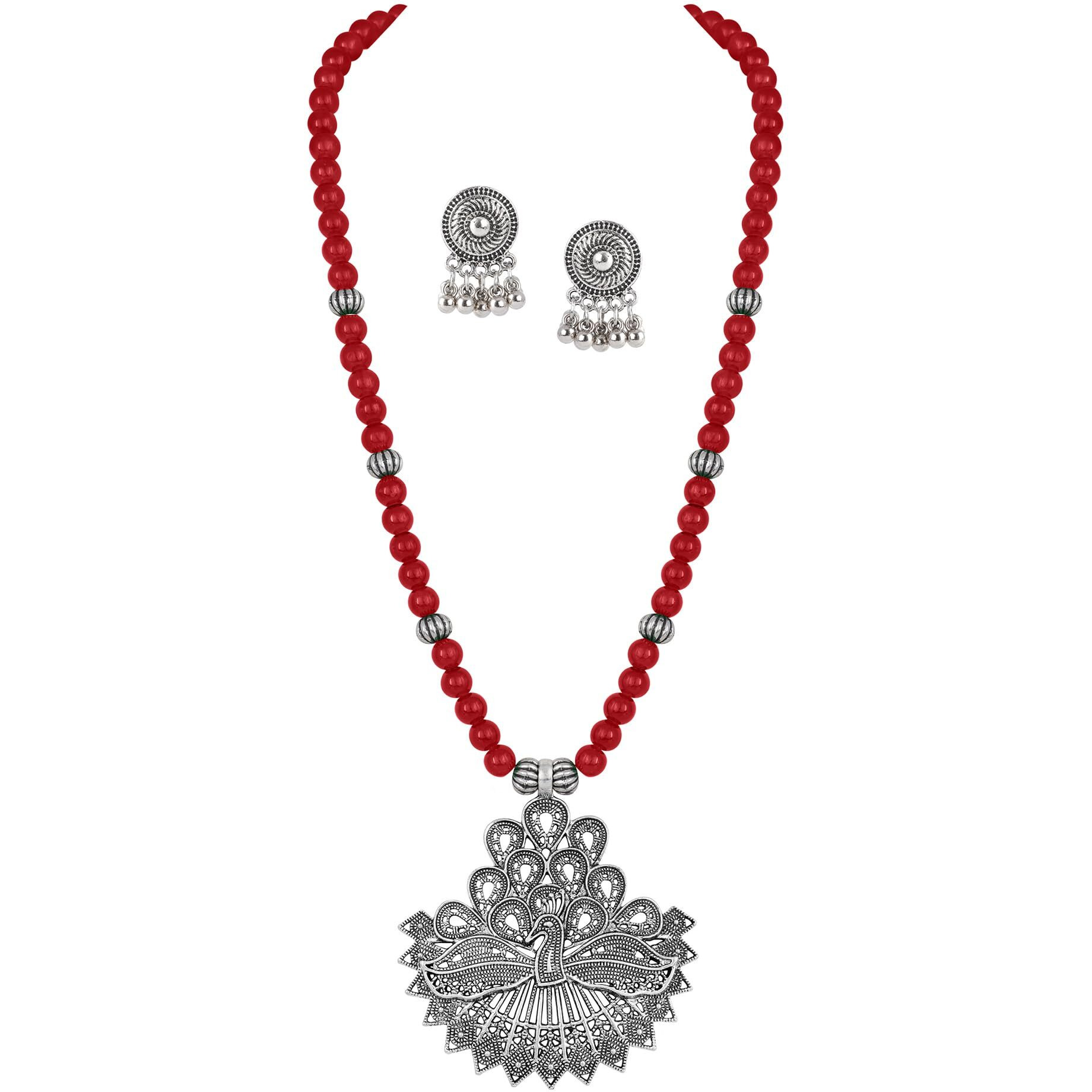 JFL - Jewellery for Less Peacock Collection Onyx Stone Necklace Set for Women (Maroon),Valentine