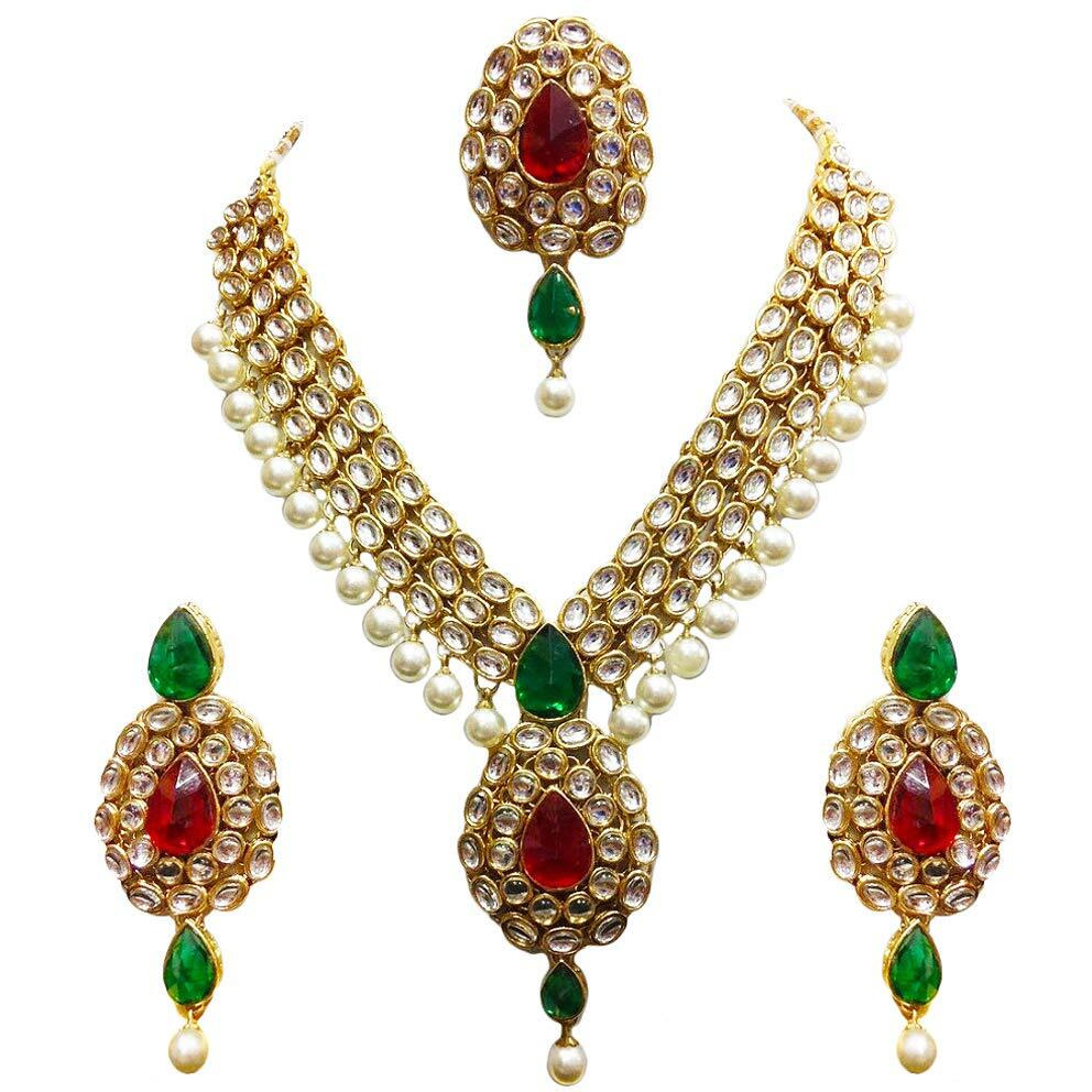Shining Diva Gold Plated Kundan Pearl Traditional Necklace Jewellery Set with Maang Tikka and Earring for Women(Multicolor)