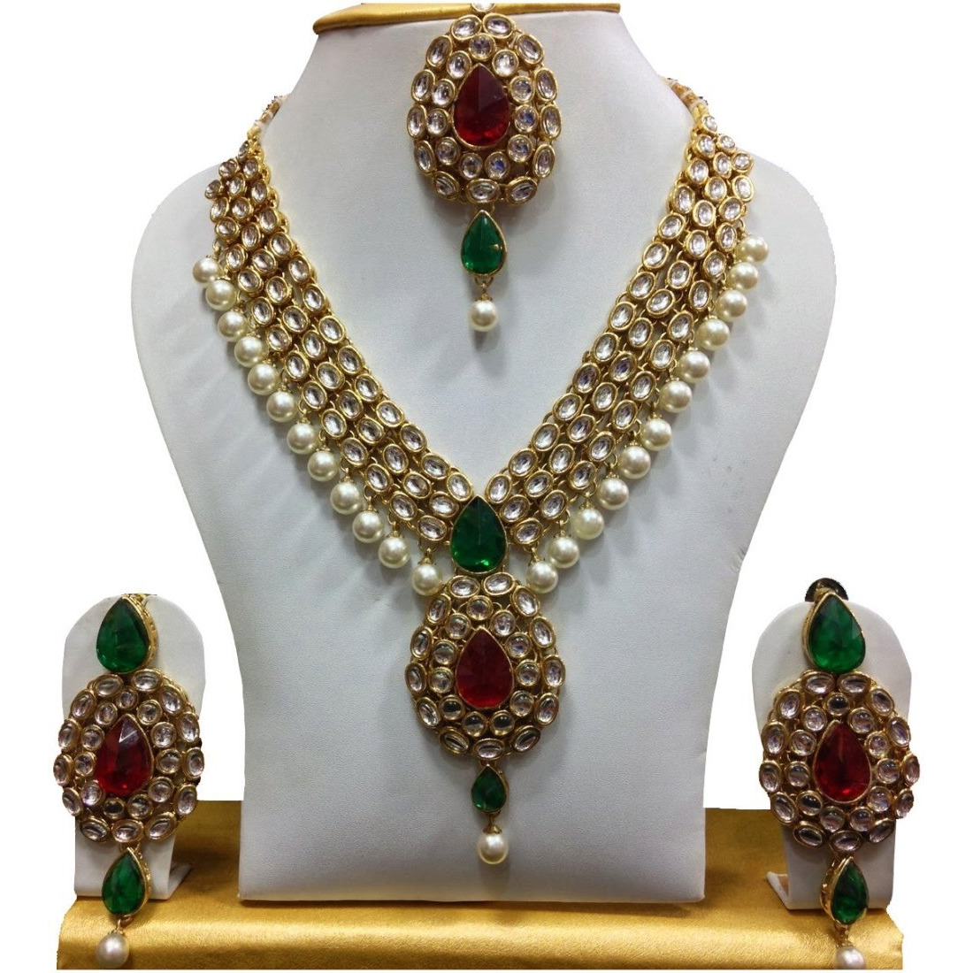 Shining Diva Gold Plated Kundan Pearl Traditional Necklace Jewellery Set with Maang Tikka and Earring for Women(Multicolor)