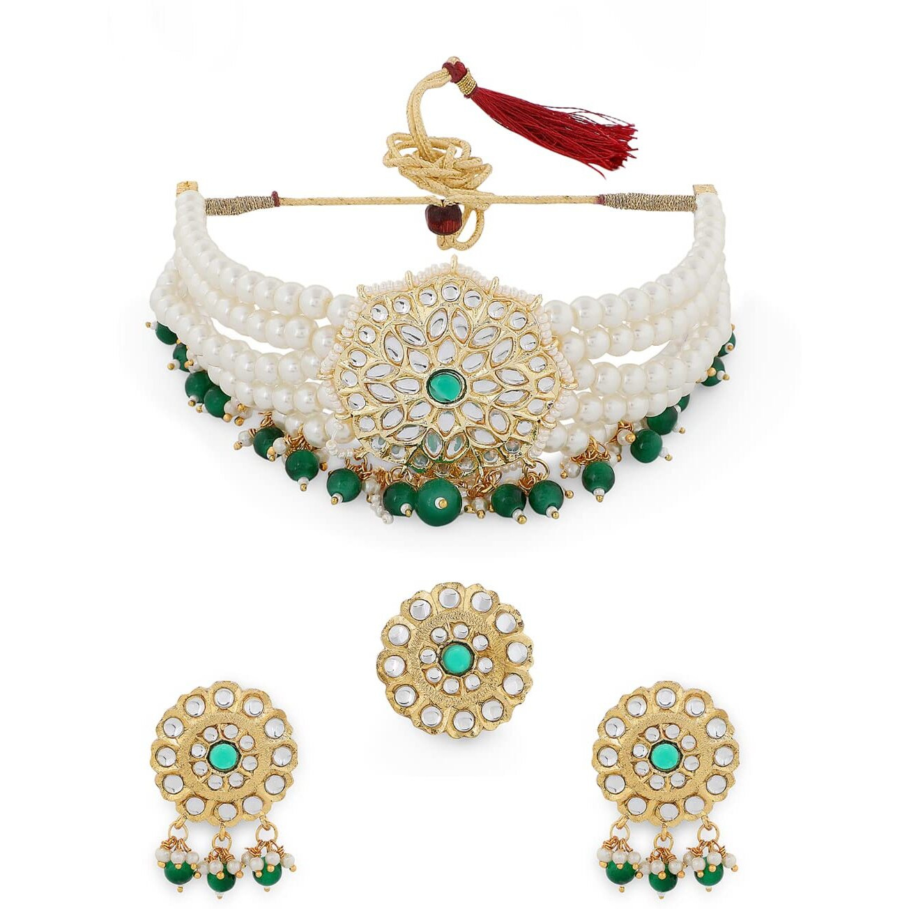 ZAVERI PEARLS Green Beads & Pearls Beaded Multistrand Kundan Choker Necklace Earring & Ring Set For Women-ZPFK11247