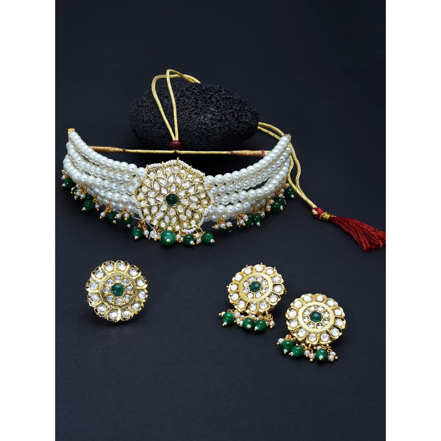 ZAVERI PEARLS Green Beads & Pearls Beaded Multistrand Kundan Choker Necklace Earring & Ring Set For Women-ZPFK11247