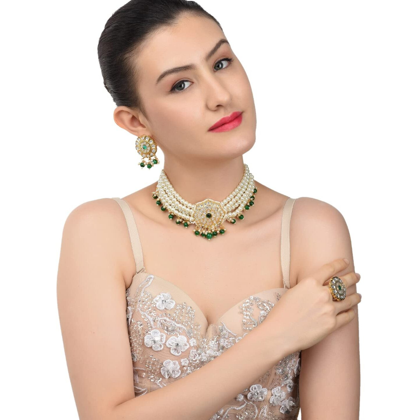 ZAVERI PEARLS Green Beads & Pearls Beaded Multistrand Kundan Choker Necklace Earring & Ring Set For Women-ZPFK11247