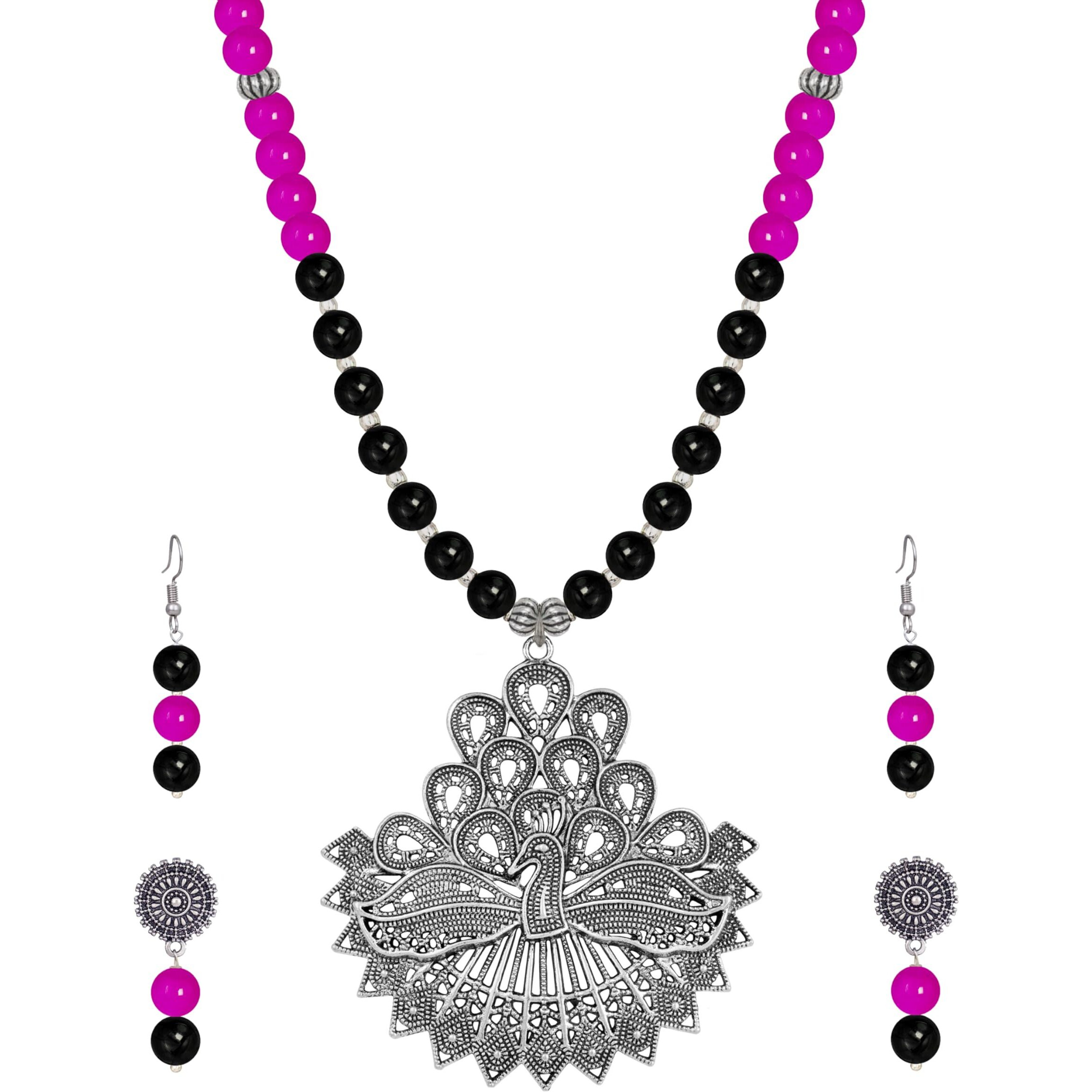 JFL - Jewellery for Less Silver Plated Peacock Collection Pink and Black Onyx Stone Necklace Set for Women,Valentine