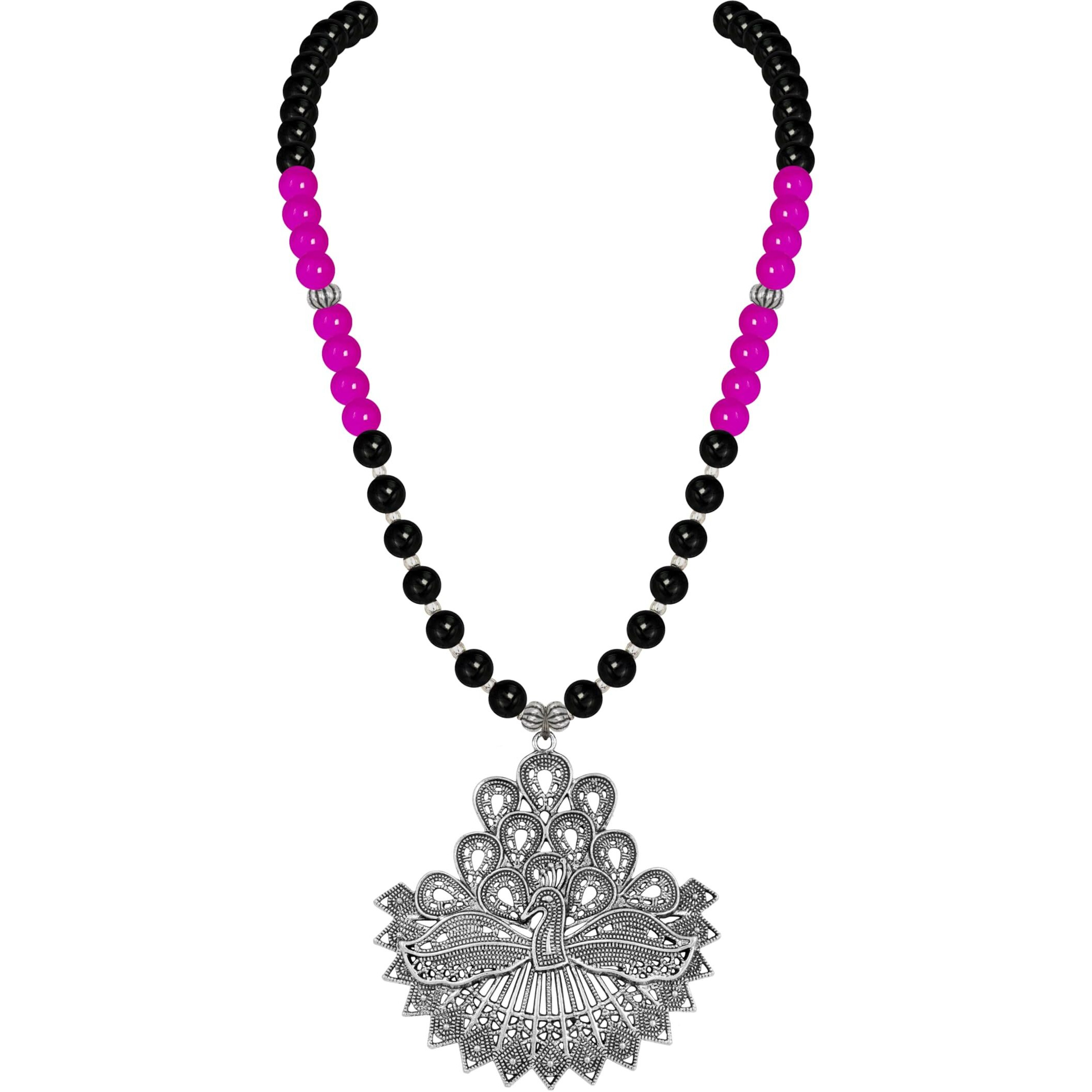 JFL - Jewellery for Less Silver Plated Peacock Collection Pink and Black Onyx Stone Necklace Set for Women,Valentine