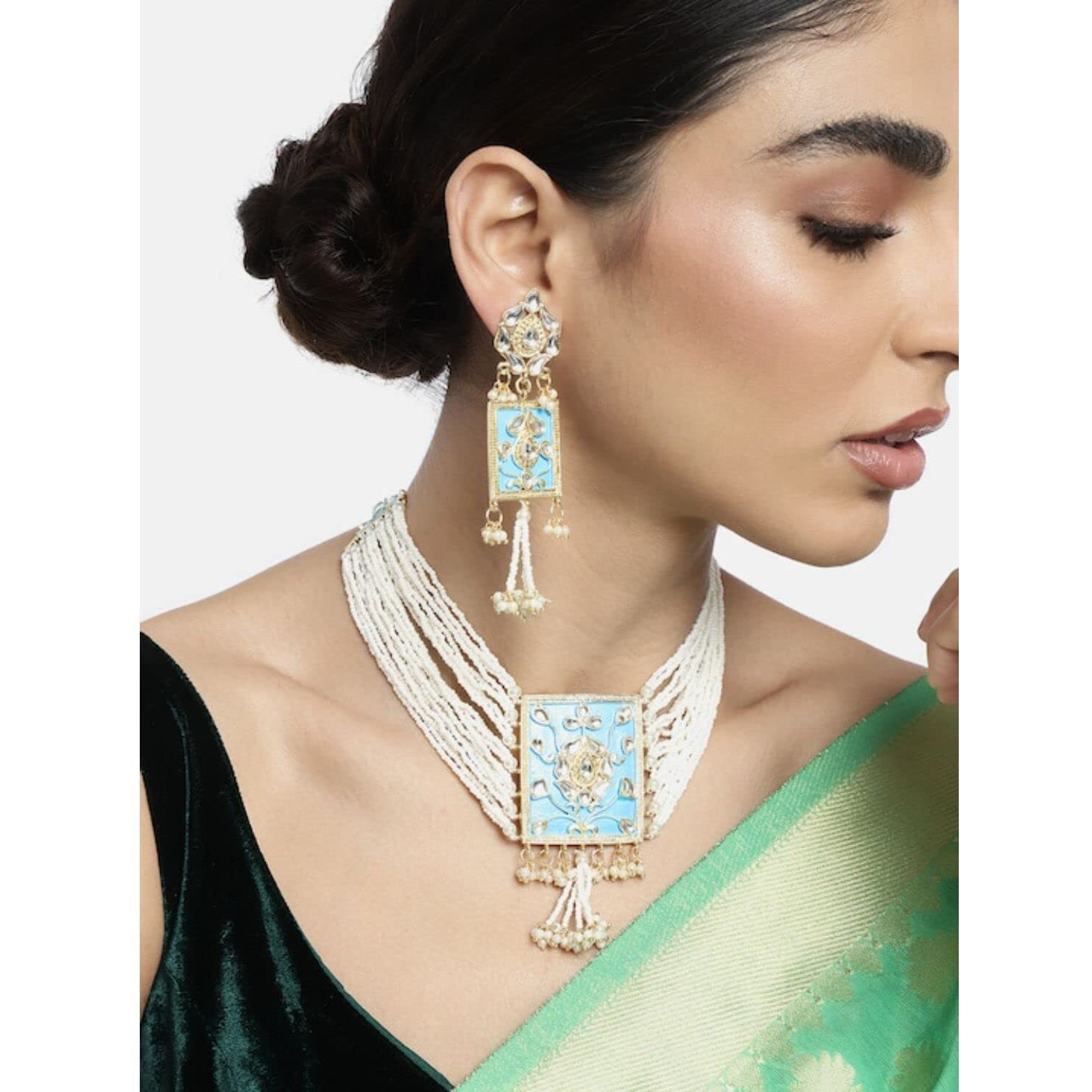 I Jewels 18K Gold Plated Traditional Padmavati Pearl & Kundan Meenakari Necklace Jewellery With Earrings For Women (ML118SB)