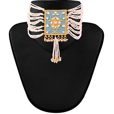 I Jewels 18K Gold Plated Traditional Padmavati Pearl & Kundan Meenakari Necklace Jewellery With Earrings For Women (ML118SB)