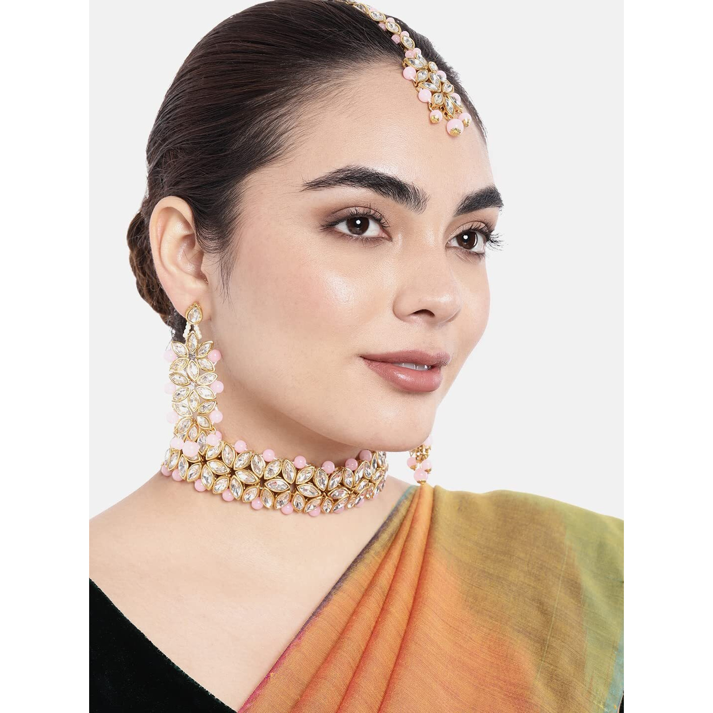 Peora Traditional Gold Plated Kundan Pink Faux Pearl Bridal Choker Necklace Jewellery Set with Earring Maang Tikka for Women Girls
