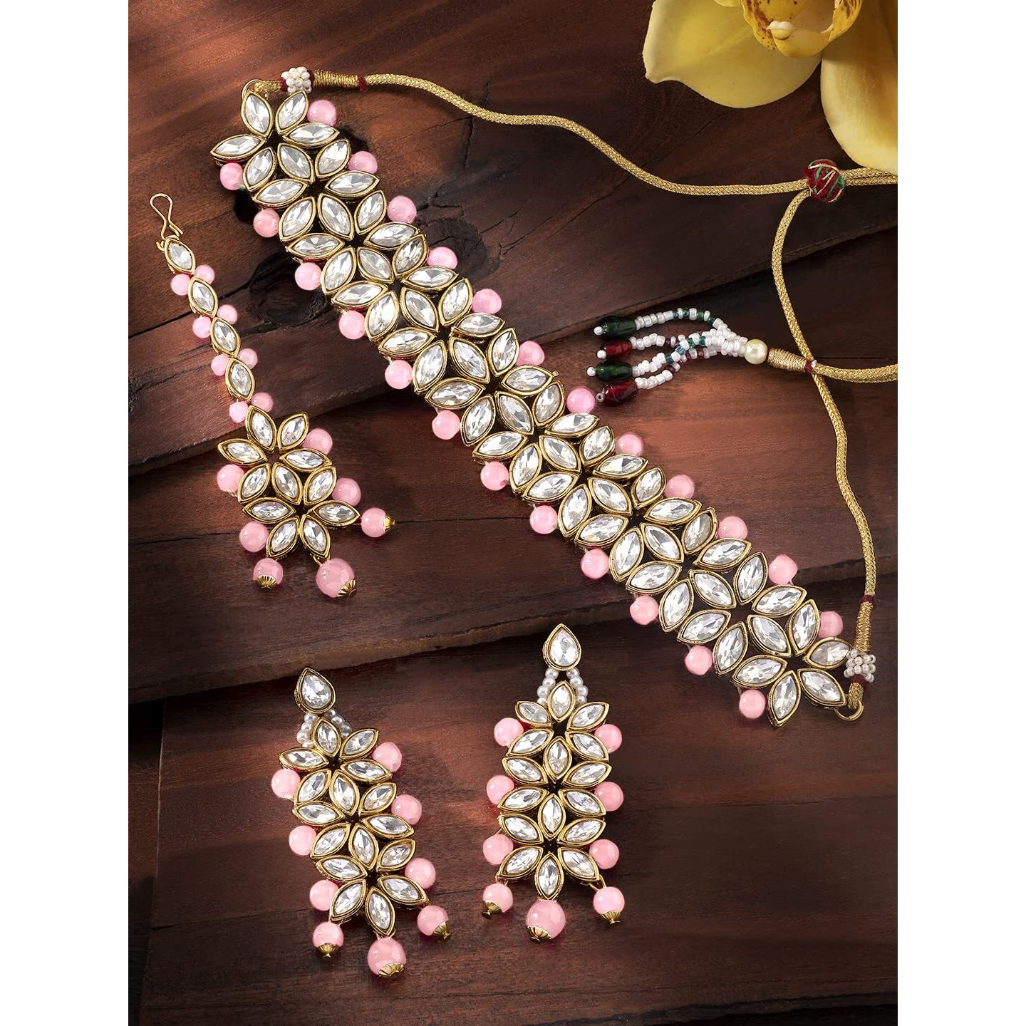 Peora Traditional Gold Plated Kundan Pink Faux Pearl Bridal Choker Necklace Jewellery Set with Earring Maang Tikka for Women Girls