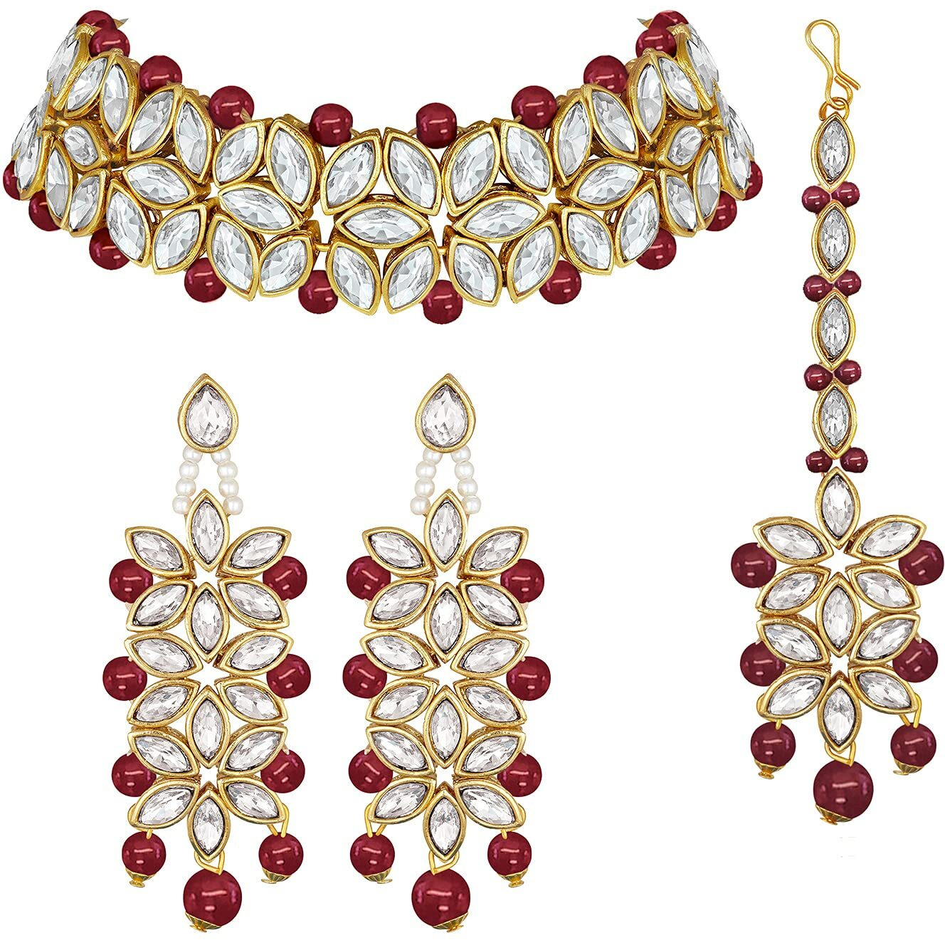 Peora Traditional Gold Plated Kundan Pearl Bridal Choker Necklace Jewellery Set with Earring Maang Tikka for Women Girls