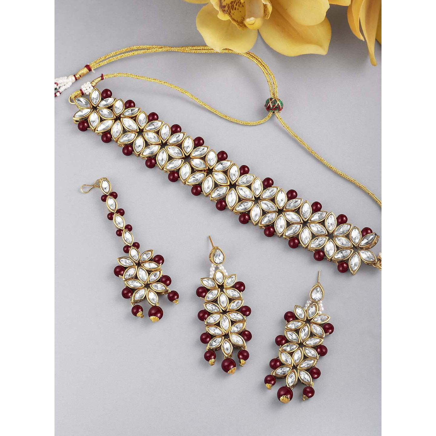 Peora Traditional Gold Plated Kundan Pearl Bridal Choker Necklace Jewellery Set with Earring Maang Tikka for Women Girls
