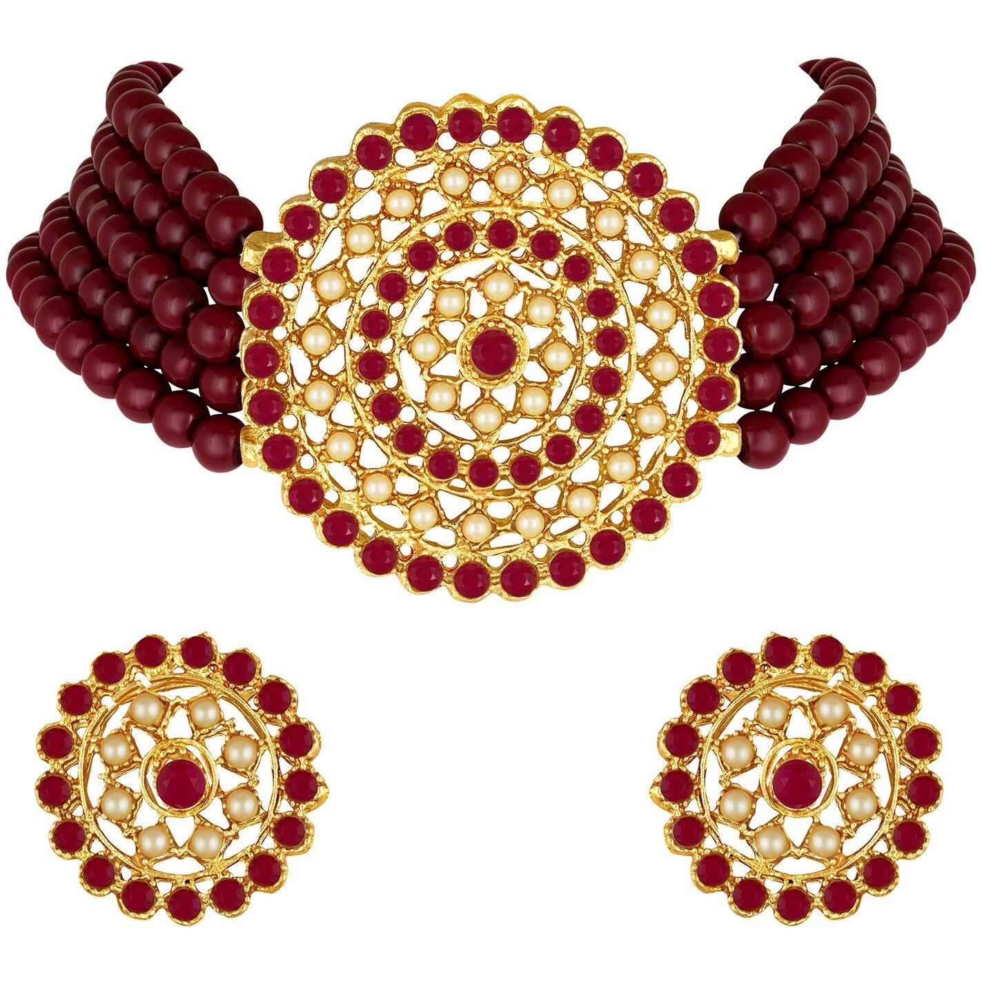 Peora Gold Plated Pearl Diamond Kundan Choker Necklace with Round Earrings Traditional Jewellery Set For Womens