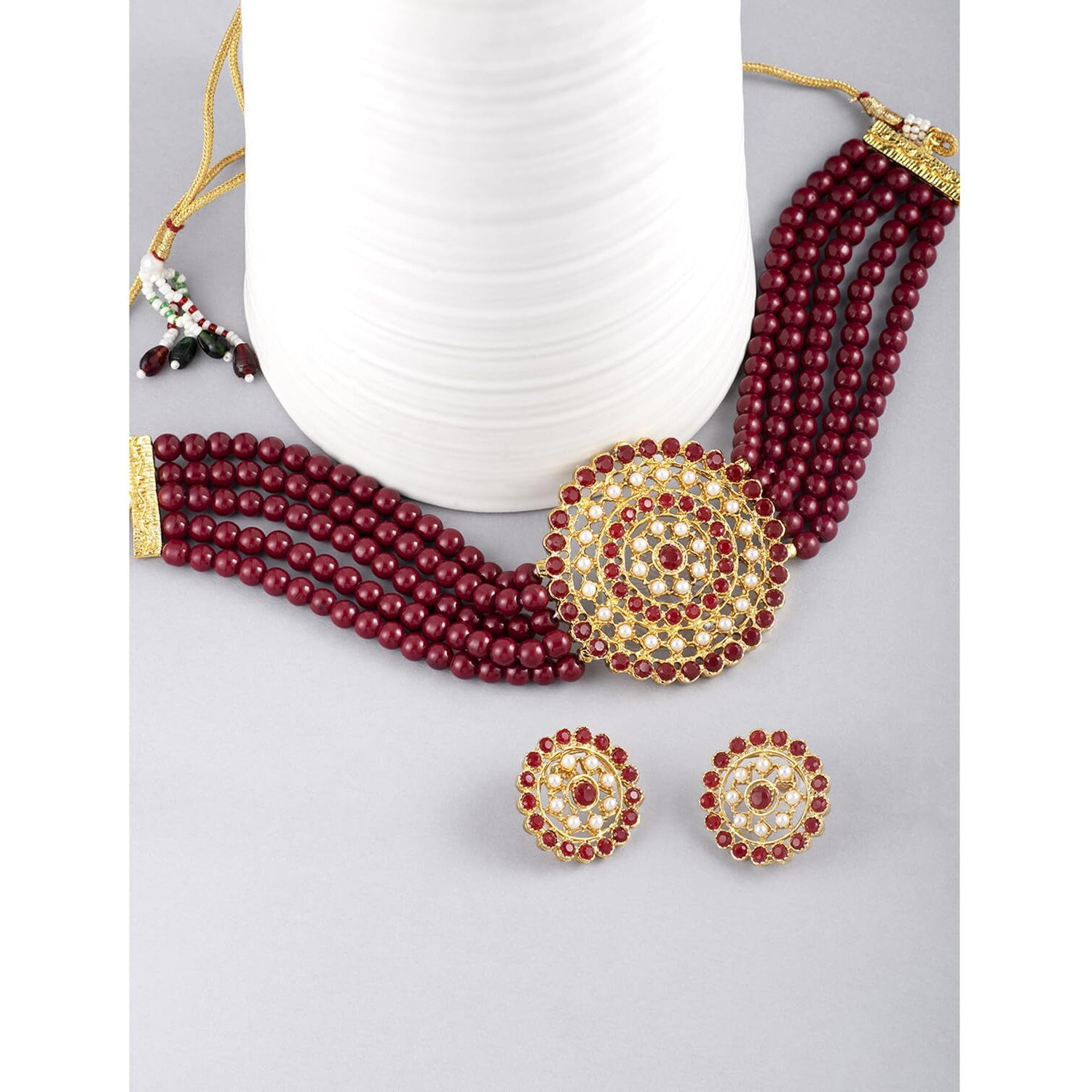 Peora Gold Plated Pearl Diamond Kundan Choker Necklace with Round Earrings Traditional Jewellery Set For Womens