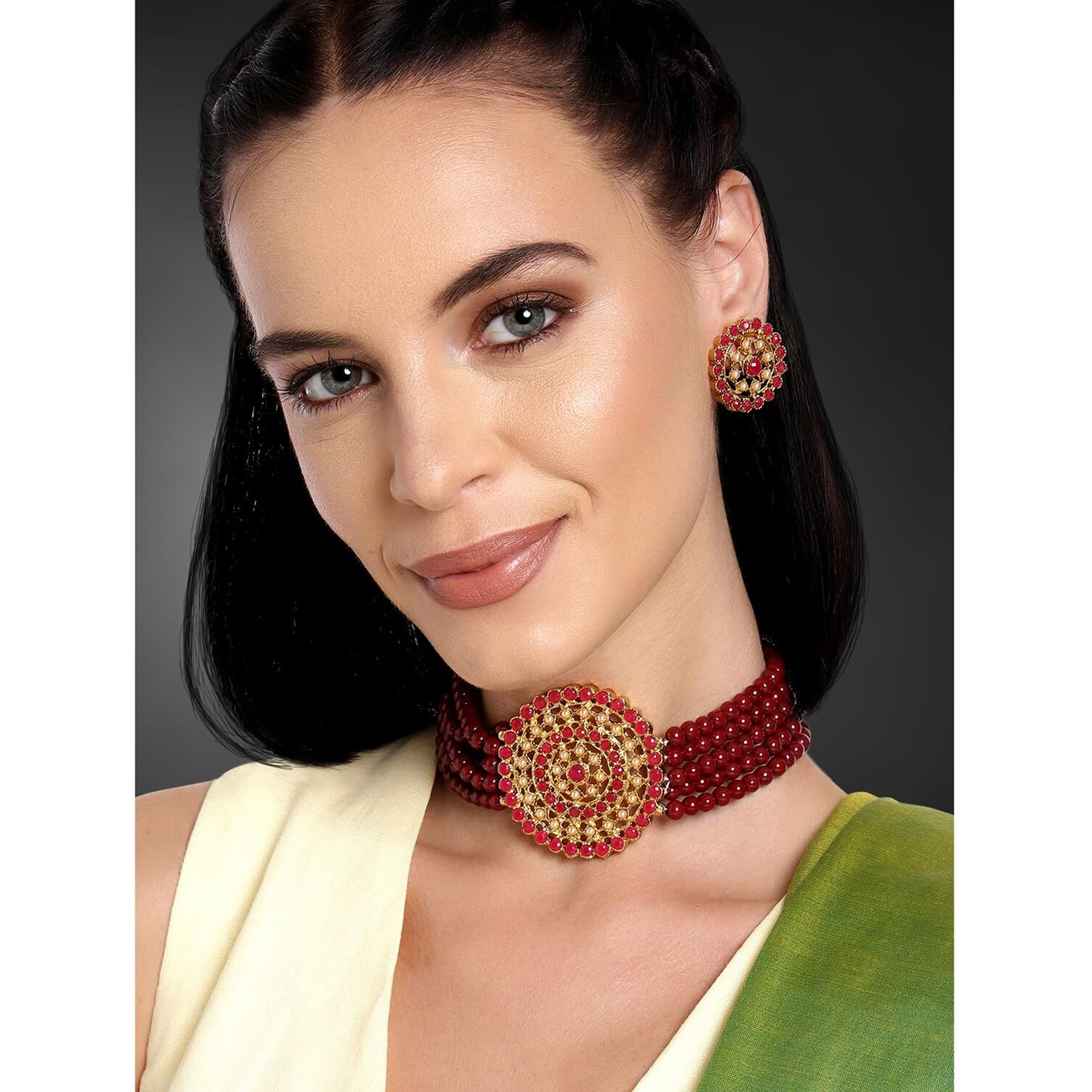 Peora Gold Plated Pearl Diamond Kundan Choker Necklace with Round Earrings Traditional Jewellery Set For Womens