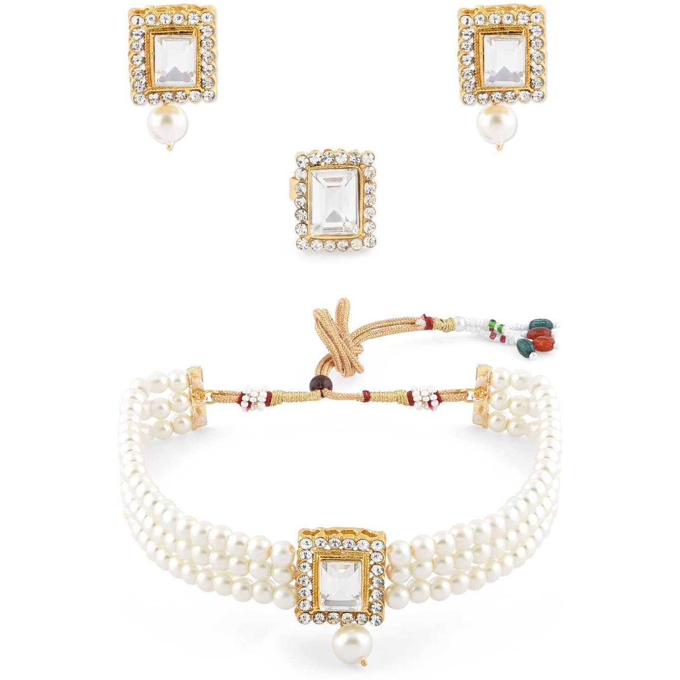 ZAVERI PEARLS Gold Tone Multistrand Pearls Choker Necklace Earring & Ring Set For Women-ZPFK11456
