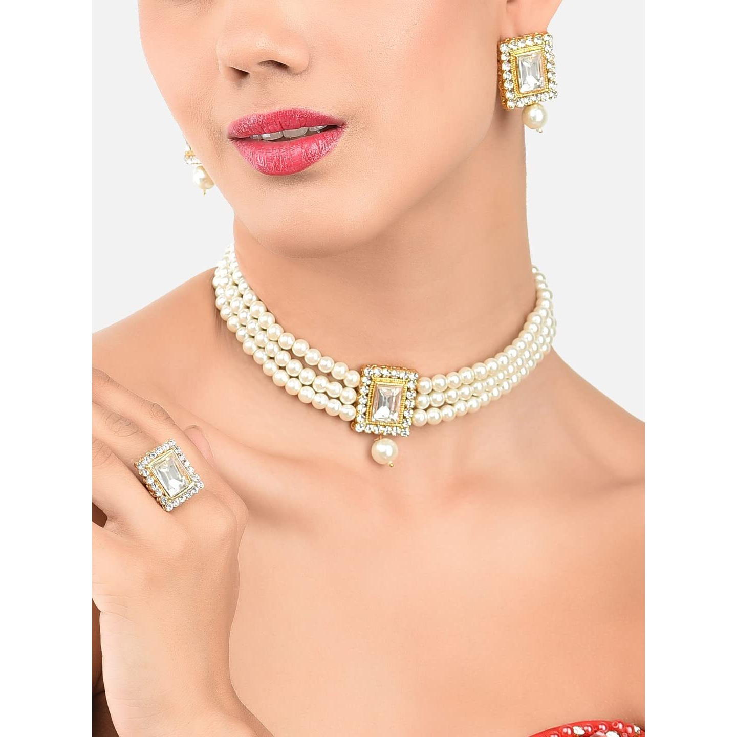 ZAVERI PEARLS Gold Tone Multistrand Pearls Choker Necklace Earring & Ring Set For Women-ZPFK11456