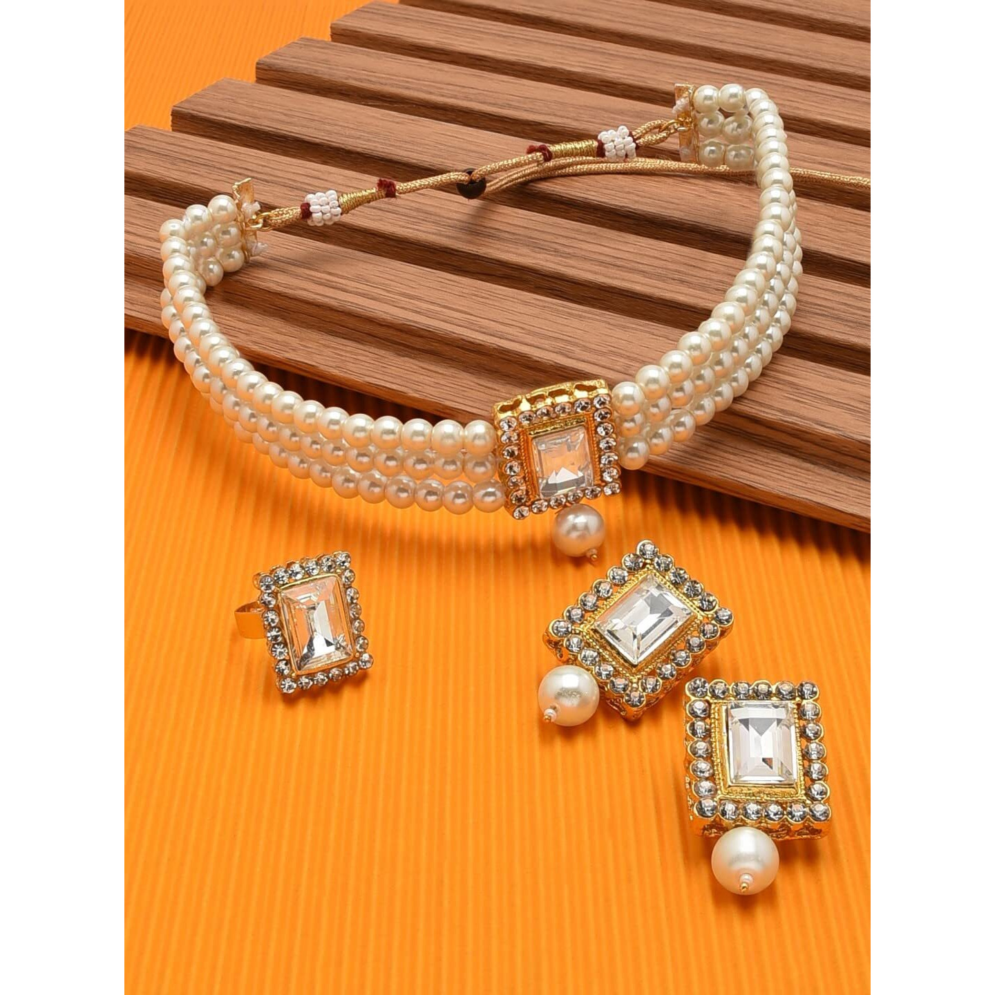 ZAVERI PEARLS Gold Tone Multistrand Pearls Choker Necklace Earring & Ring Set For Women-ZPFK11456