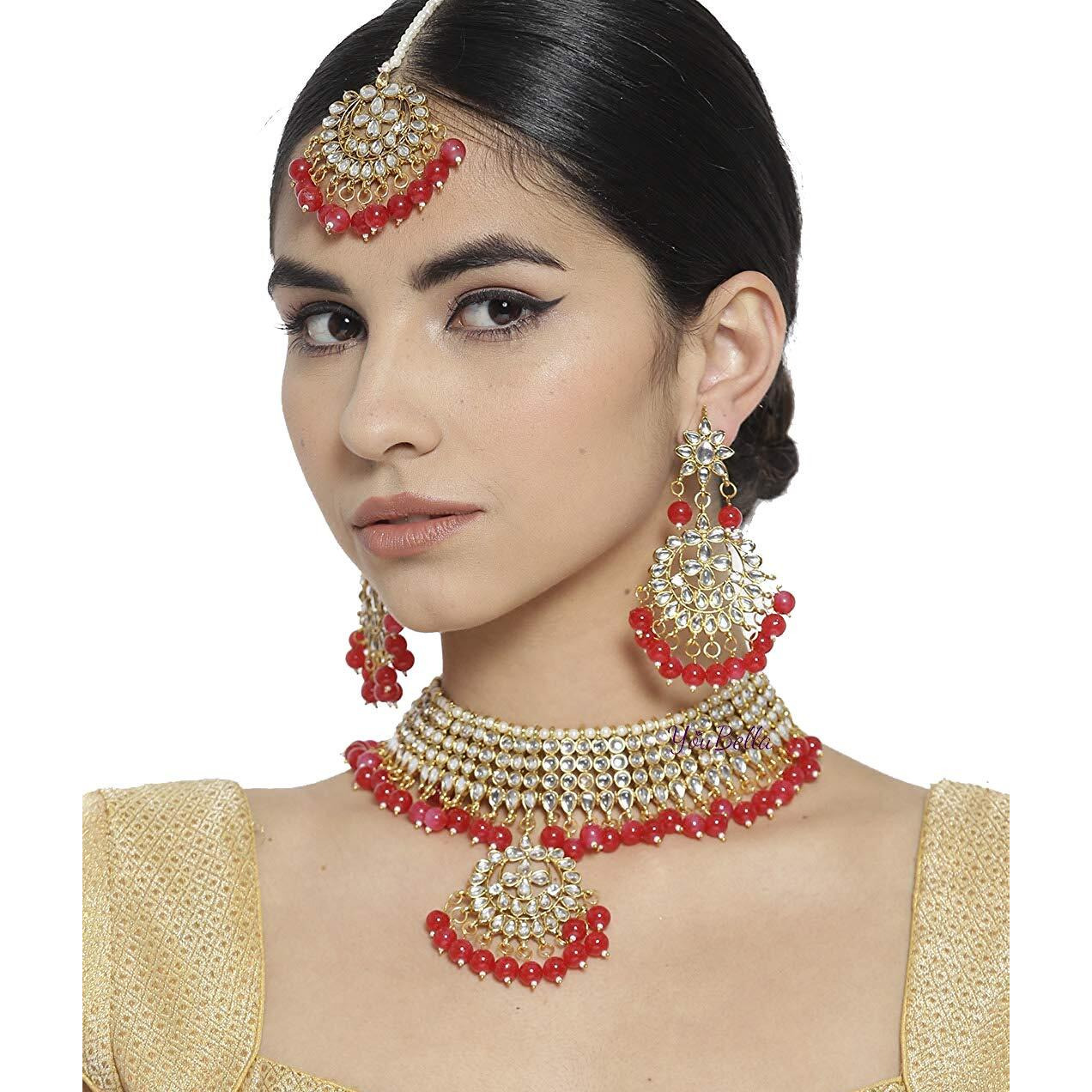 YouBella Jewellery Sets for Women Gold Plated Kundan Wedding Bridal Necklace Jewellery set with Earrings For Girls/Women (Red)