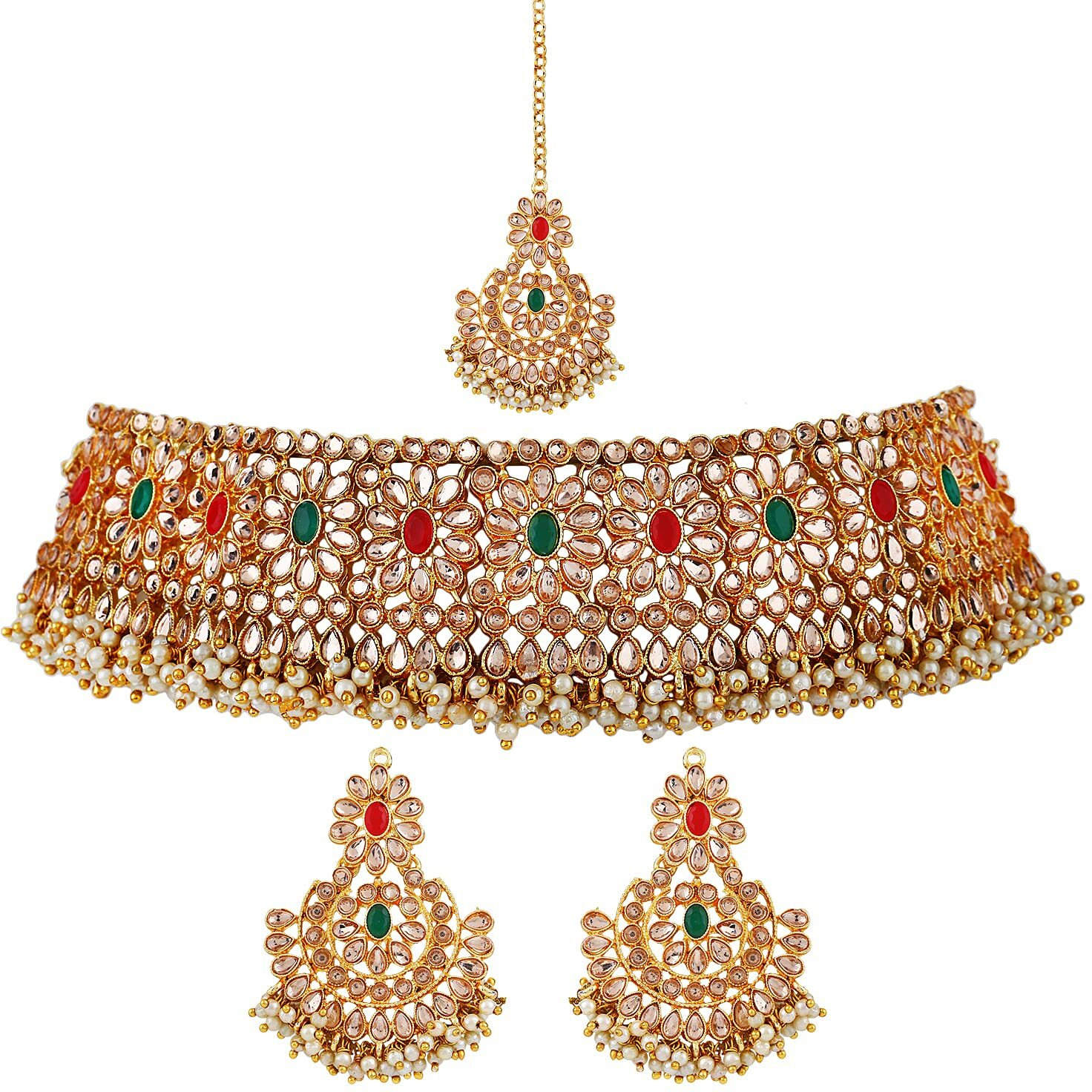 Shining Diva Fashion Latest Stylish Choker Traditional Pearl Kundan Necklace Jewellery Set for Women (Maroon Geen)(11690s)