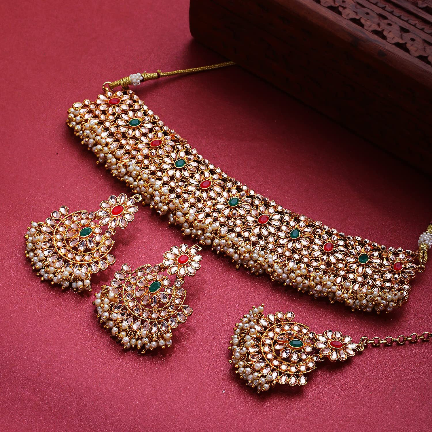 Shining Diva Fashion Latest Stylish Choker Traditional Pearl Kundan Necklace Jewellery Set for Women (Maroon Geen)(11690s)