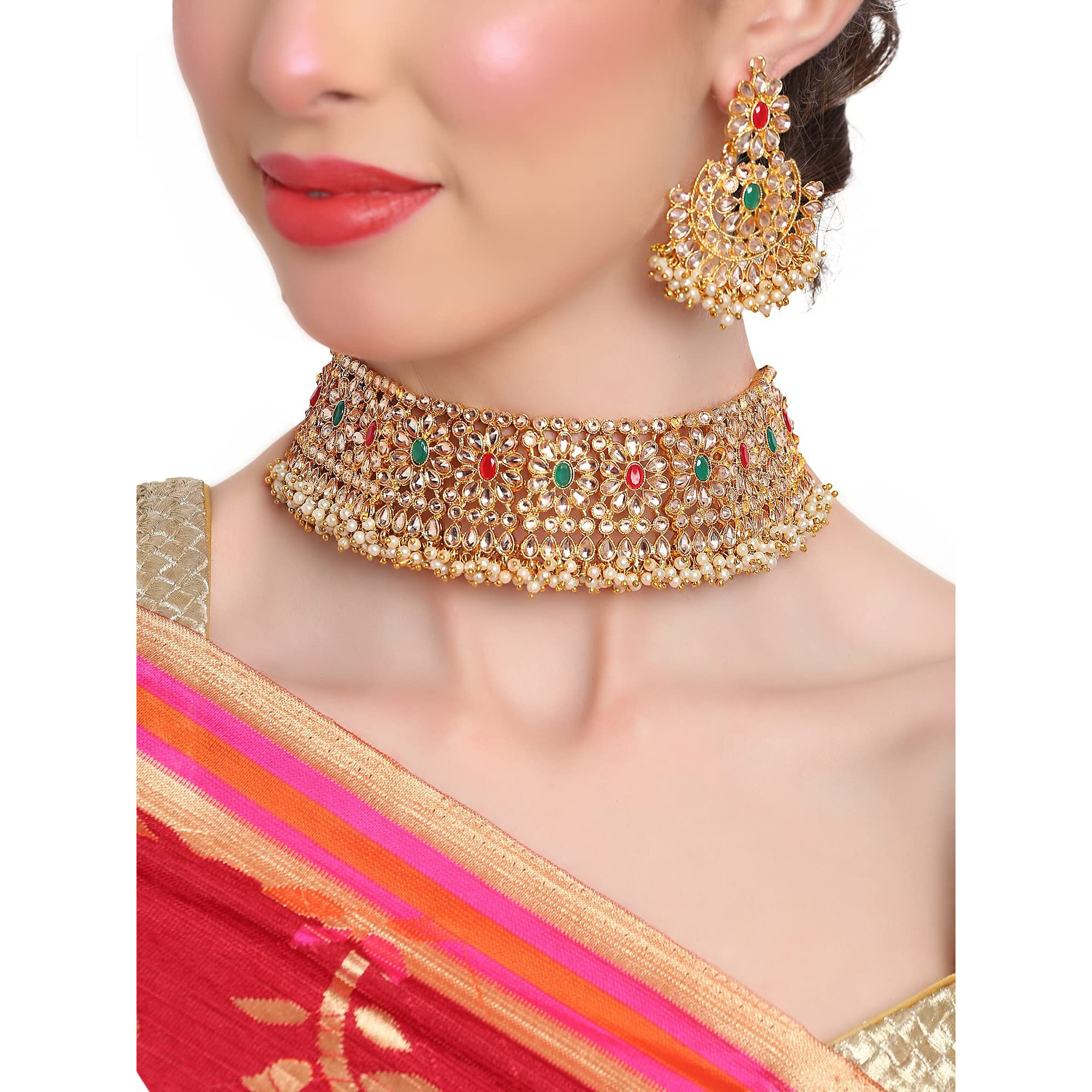 Shining Diva Fashion Latest Stylish Choker Traditional Pearl Kundan Necklace Jewellery Set for Women (Maroon Geen)(11690s)