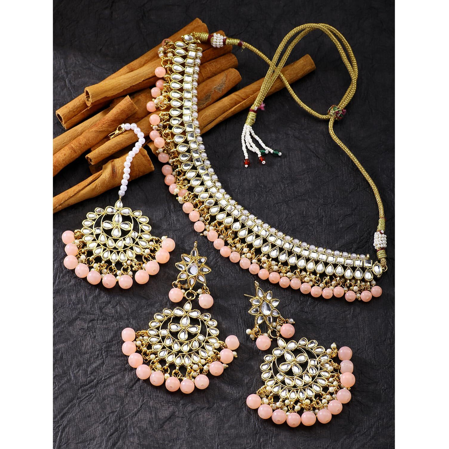 Peora 18K Gold Plated Kundan Pearl Choker Necklace Earring Mang Tikka Traditional Jewellery Set for Women Wedding Fancy Wear (Peach)