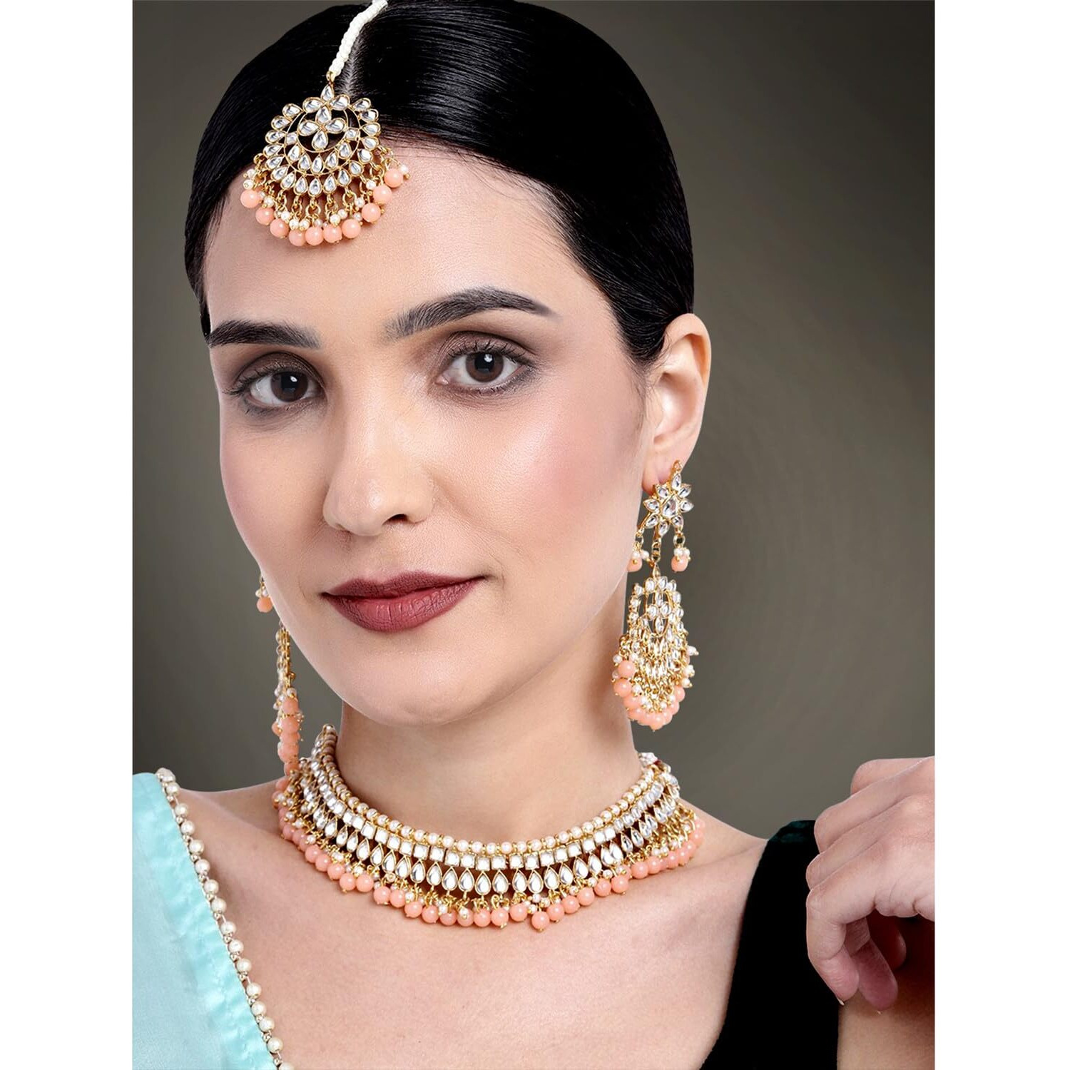 Peora 18K Gold Plated Kundan Pearl Choker Necklace Earring Mang Tikka Traditional Jewellery Set for Women Wedding Fancy Wear (Peach)