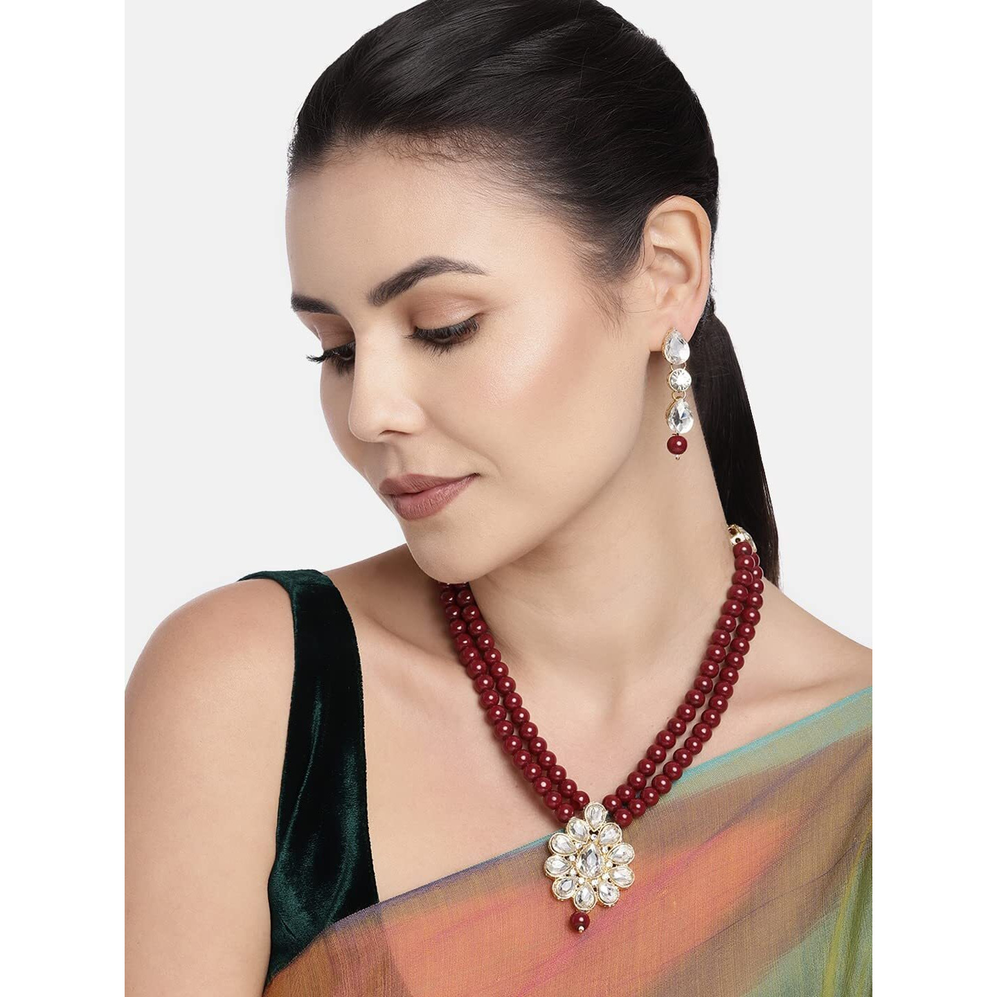 I Jewels 18K Gold Plated Traditional Pearl & Stone Studded Necklace Jewellery Set With Earrings For Women (ML140M)