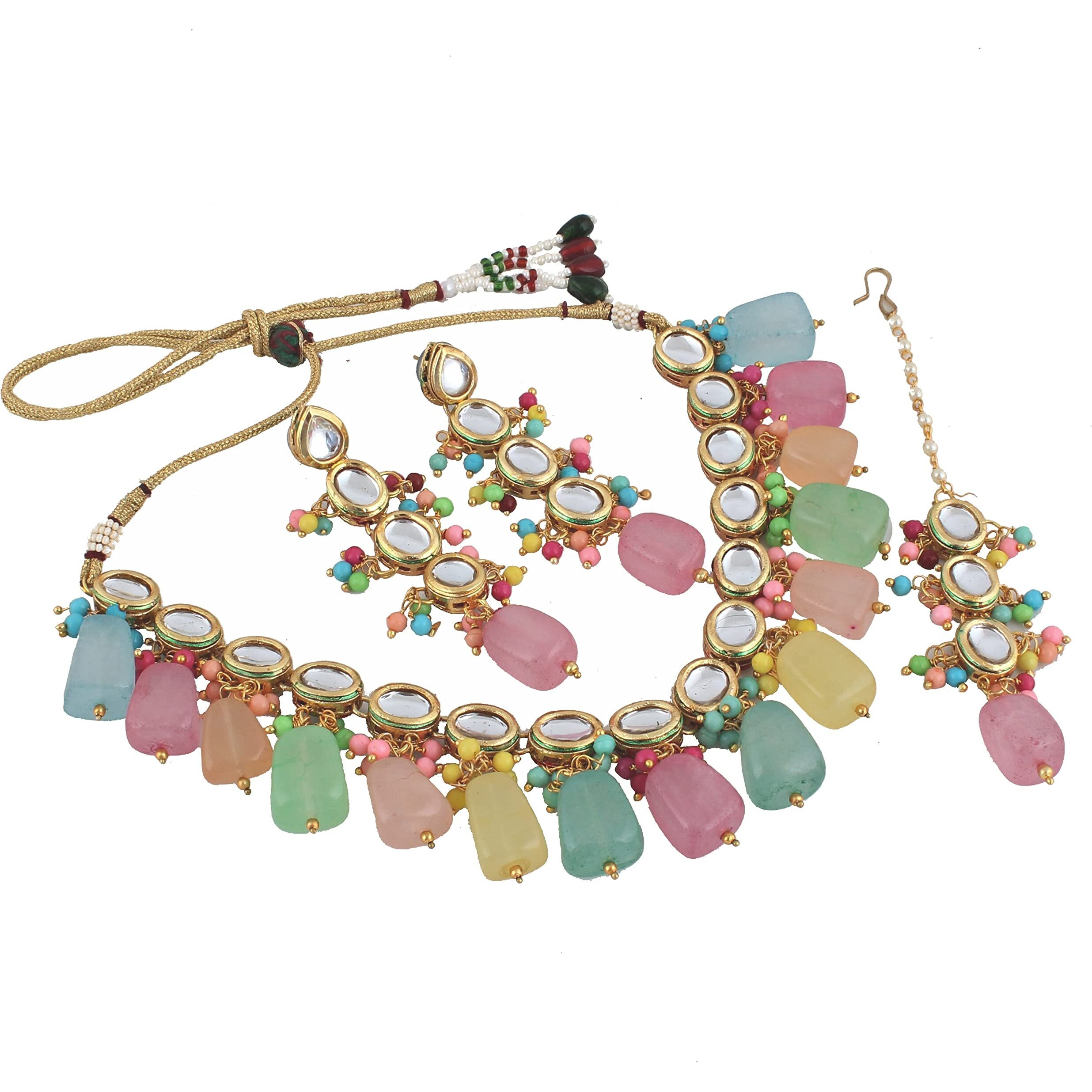 LUCKY JEWELLERY Back Meenakari 18k Gold Plated Multicolor Tika Earring Combo Jewellery Set Uncut Kundan Big Faux Kundan Dibbi Kundan Choker Necklace Set for Girls & Women