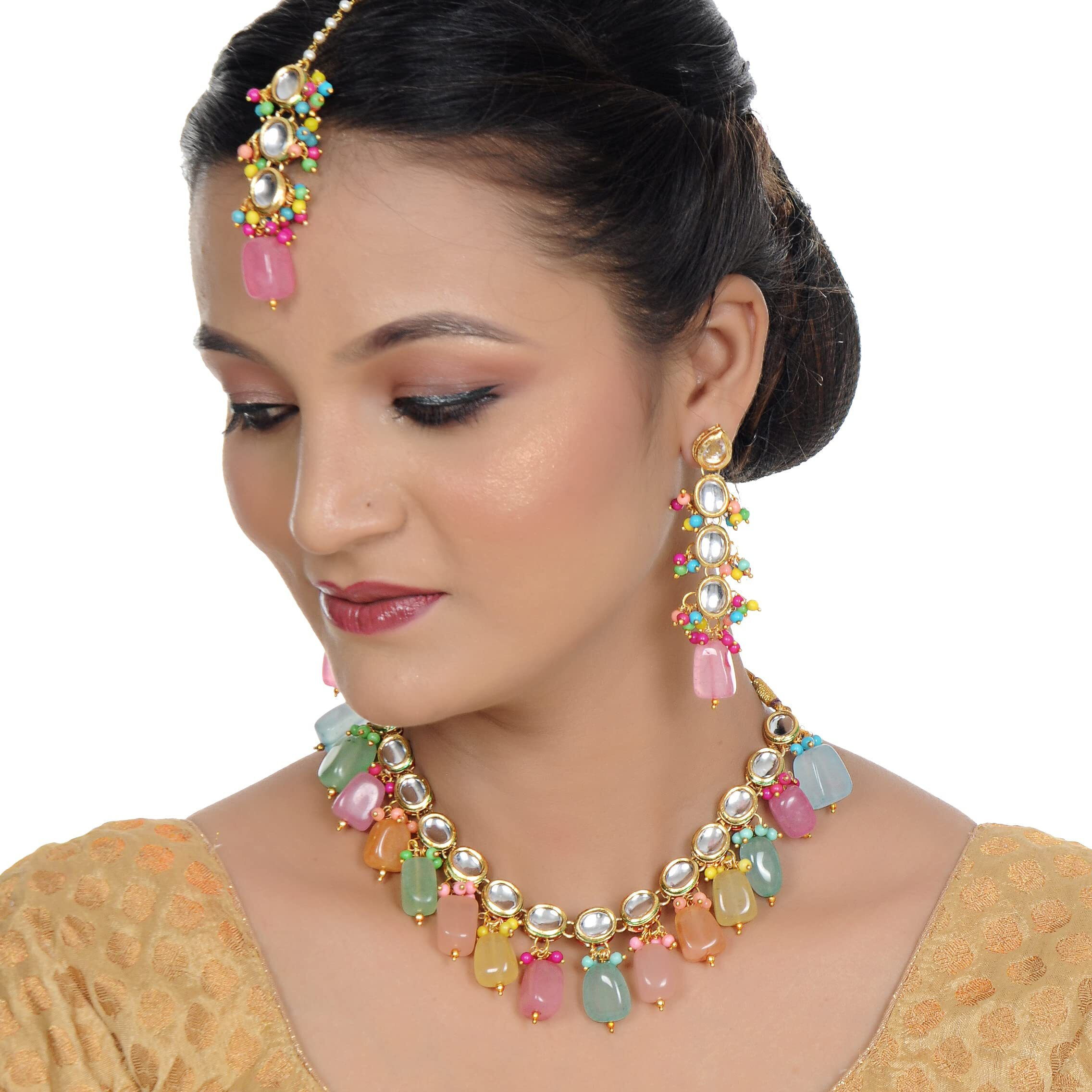 LUCKY JEWELLERY Back Meenakari 18k Gold Plated Multicolor Tika Earring Combo Jewellery Set Uncut Kundan Big Faux Kundan Dibbi Kundan Choker Necklace Set for Girls & Women