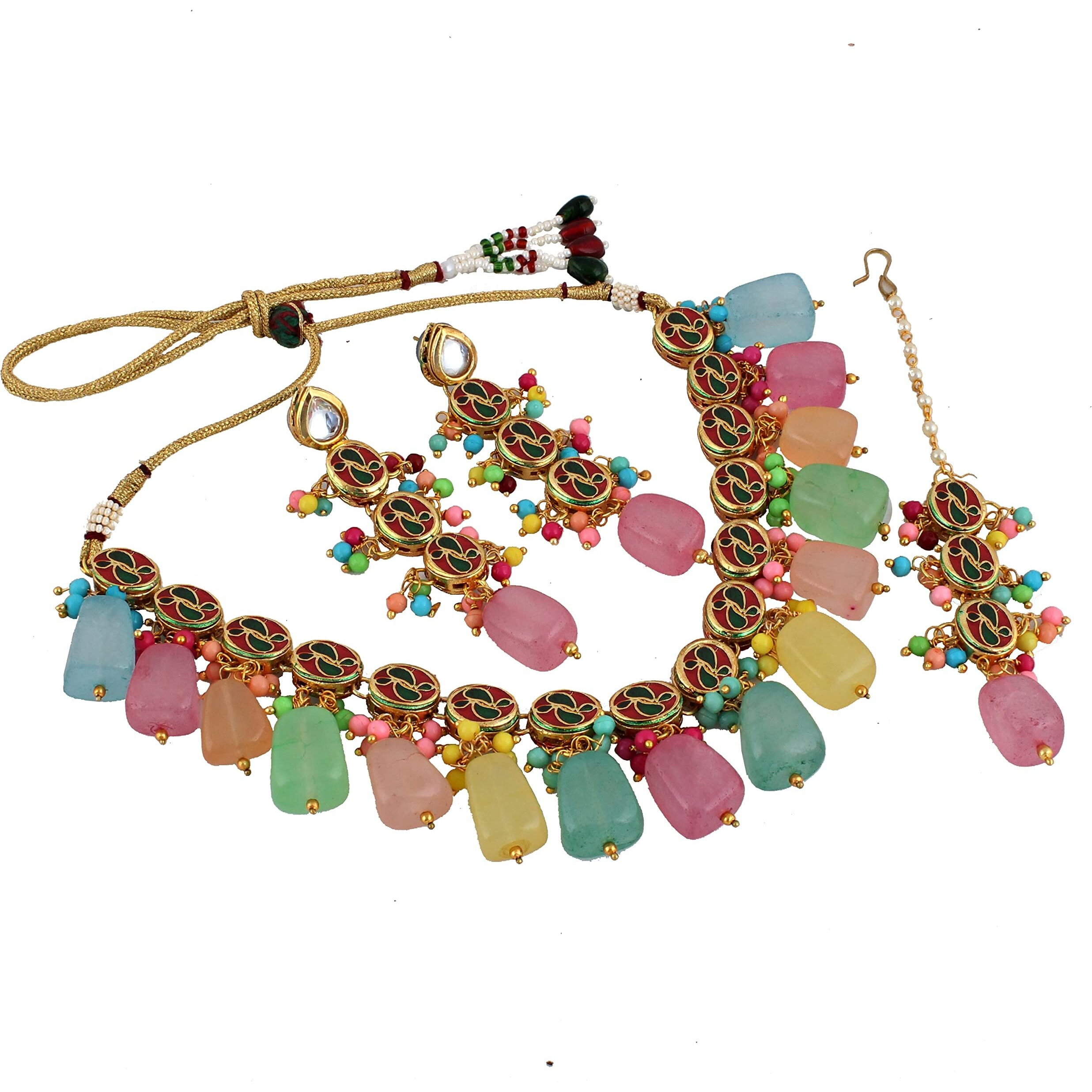 LUCKY JEWELLERY Back Meenakari 18k Gold Plated Multicolor Tika Earring Combo Jewellery Set Uncut Kundan Big Faux Kundan Dibbi Kundan Choker Necklace Set for Girls & Women