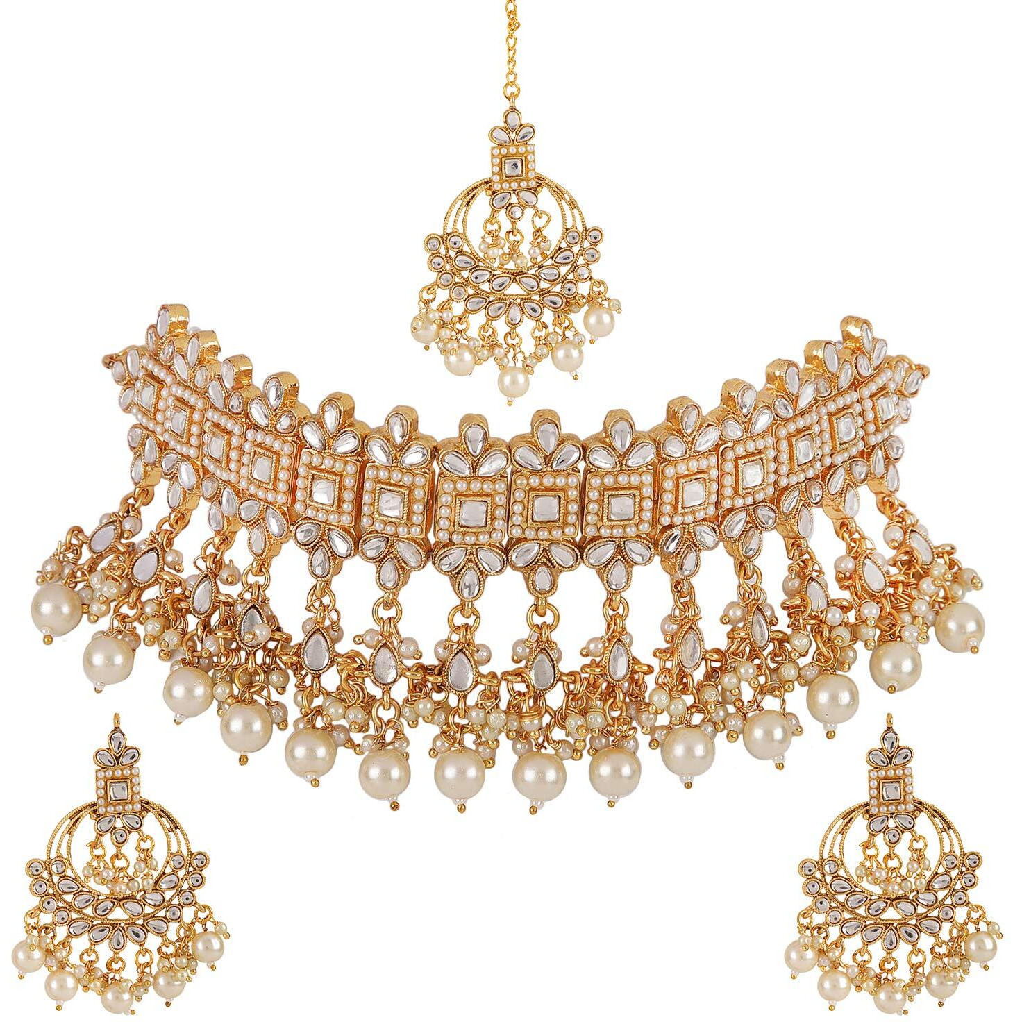 Shining Diva Fashion Latest Choker Design Traditional Pearl Kundan Necklace Set For Women Gold Plated Jewellery Set for Women (White) (11267s)