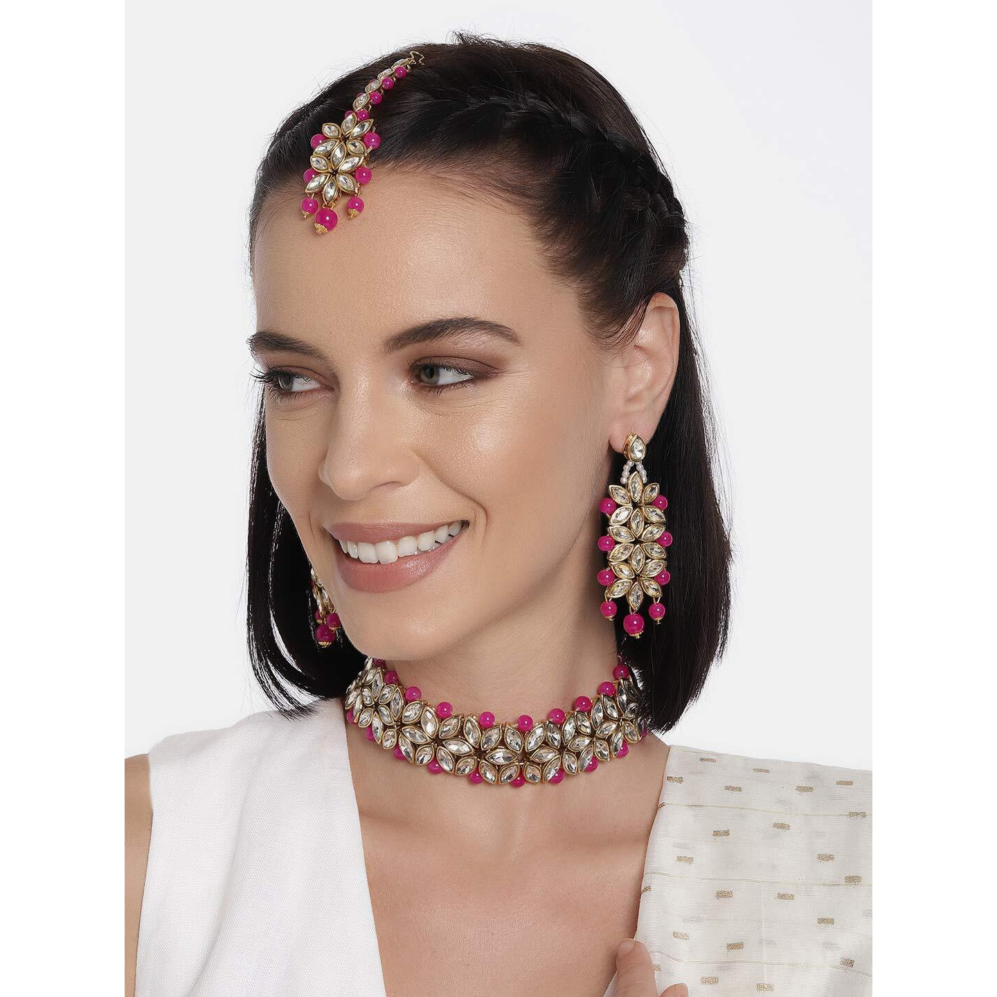 Peora Traditional Gold Plated Brass Alloy Kundan Pearl Bridal Choker Necklace Jewellery Set with Earring Maang Tikka for Women Girls