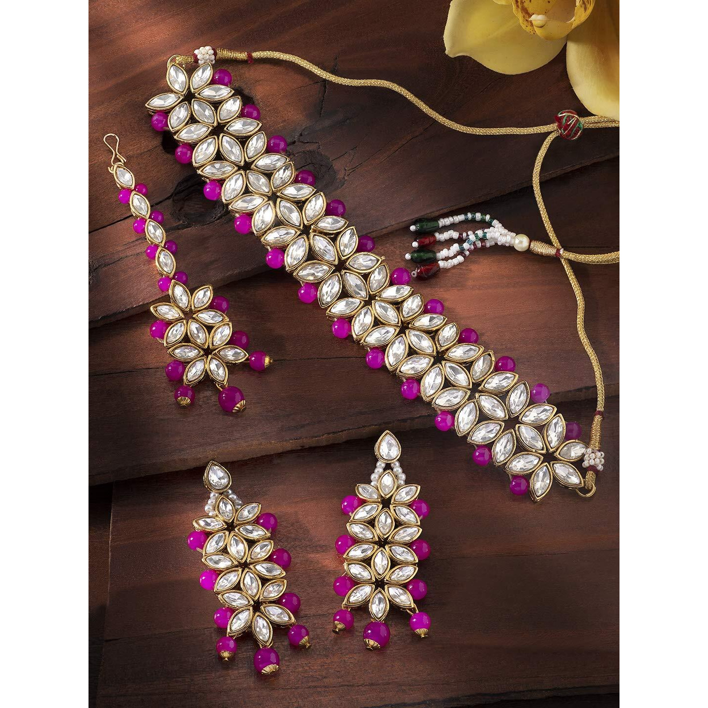 Peora Traditional Gold Plated Brass Alloy Kundan Pearl Bridal Choker Necklace Jewellery Set with Earring Maang Tikka for Women Girls