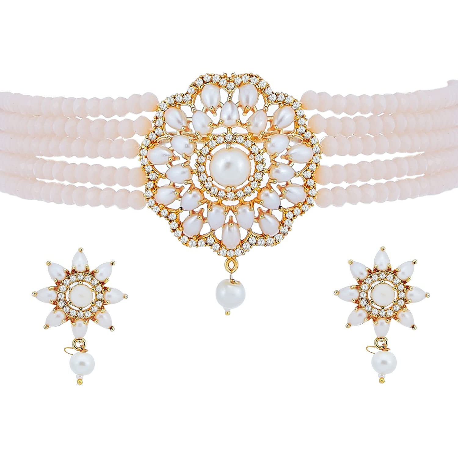 ZENEME Necklace Gold Plated American Diamond Choker Necklace Beaded With Earring Set Jewellery Set for Women & Girls (Peach)