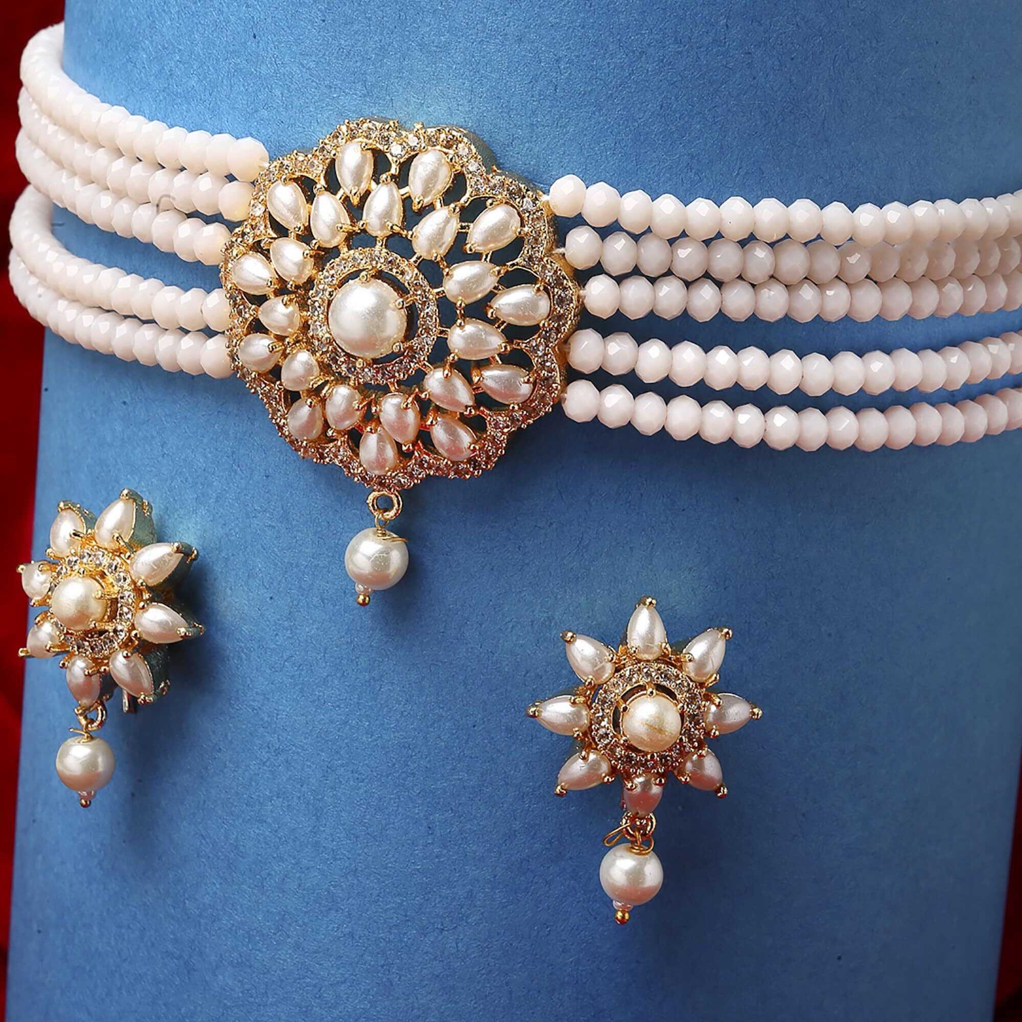 ZENEME Necklace Gold Plated American Diamond Choker Necklace Beaded With Earring Set Jewellery Set for Women & Girls (Peach)