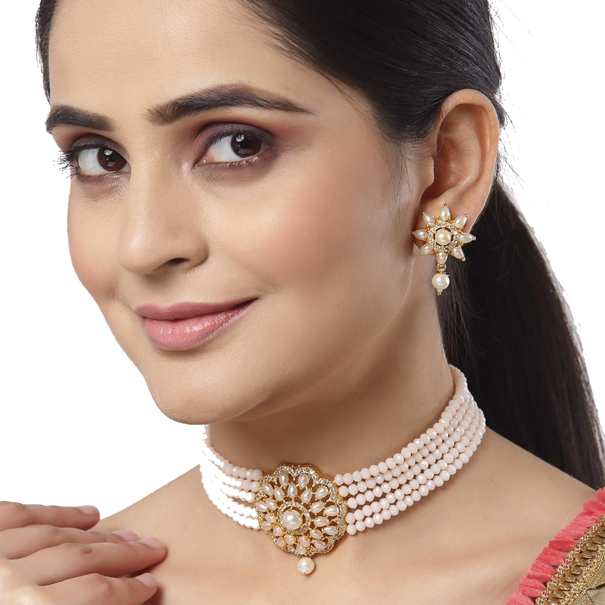 ZENEME Necklace Gold Plated American Diamond Choker Necklace Beaded With Earring Set Jewellery Set for Women & Girls (Peach)