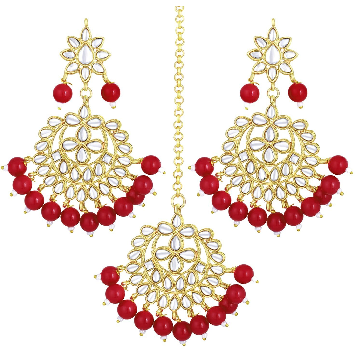 Peora Gold Plated Kundan Pearl Chandbali Earring with Maang Tikka Set Jewellery for Womens