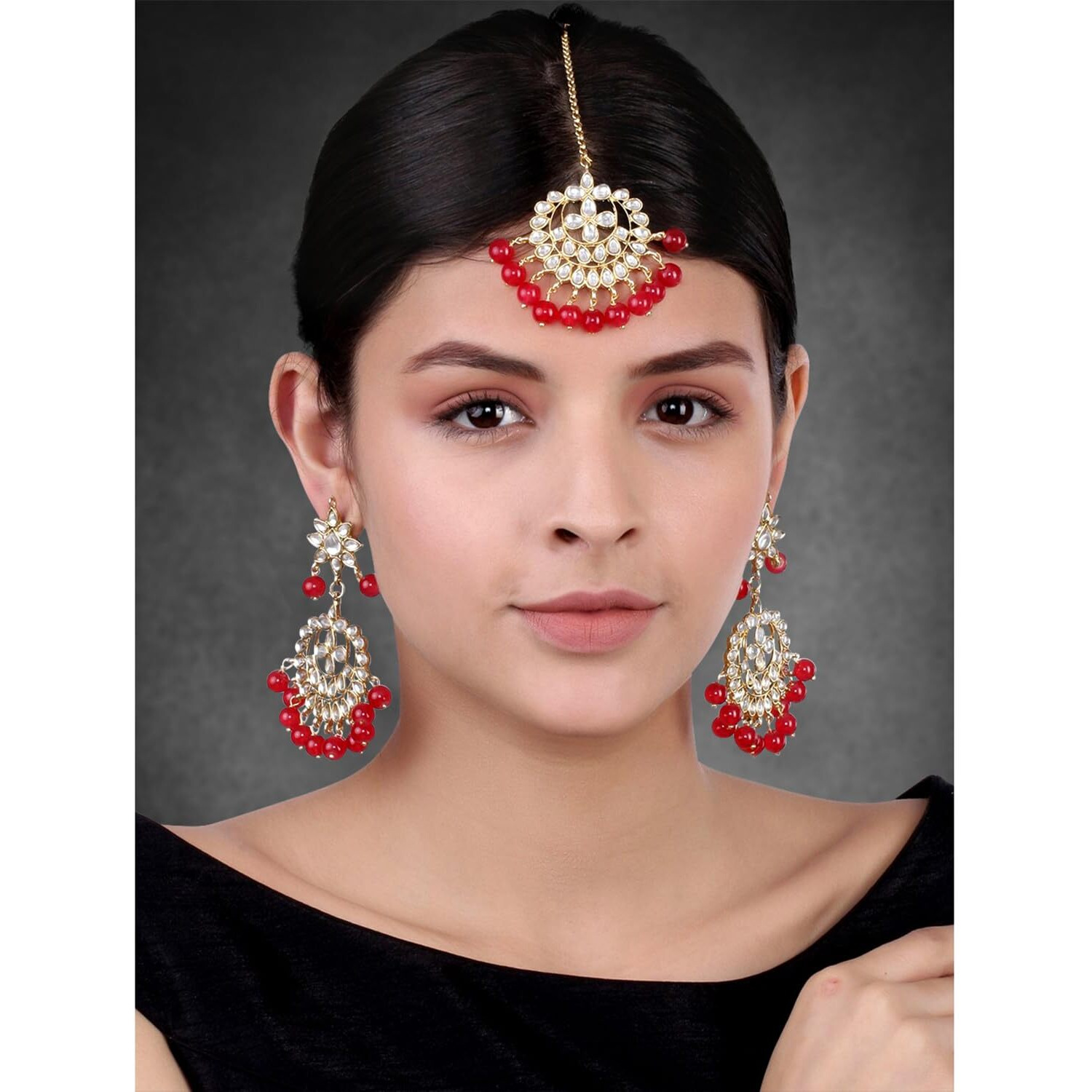 Peora Gold Plated Kundan Pearl Chandbali Earring with Maang Tikka Set Jewellery for Womens