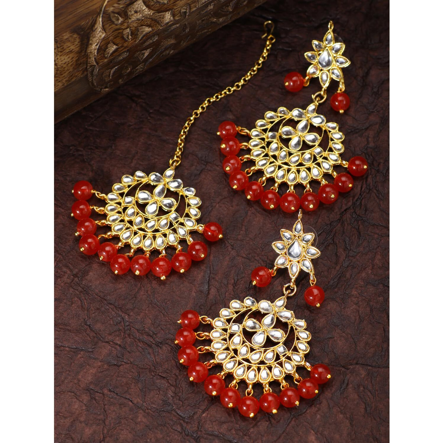 Peora Gold Plated Kundan Pearl Chandbali Earring with Maang Tikka Set Jewellery for Womens
