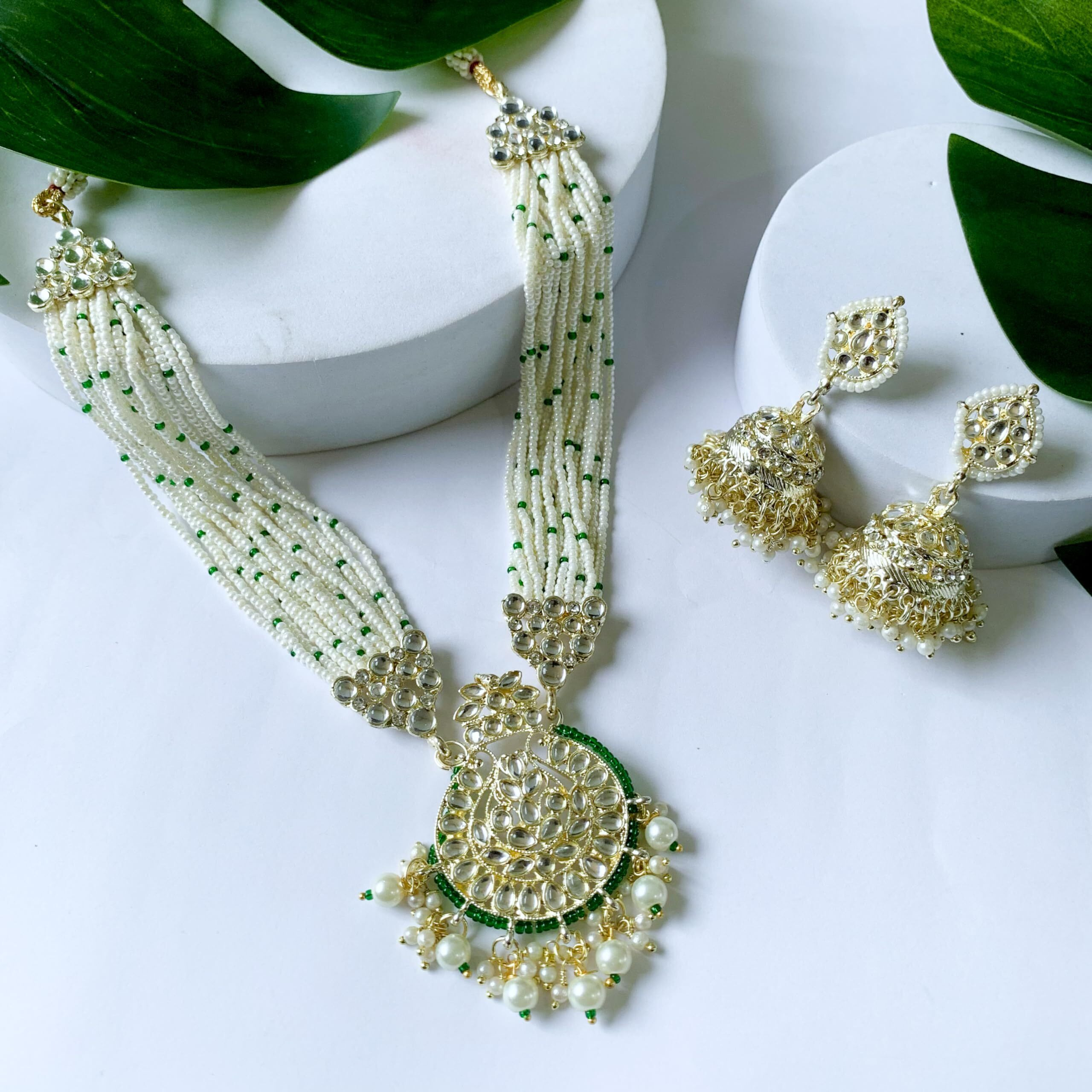 I Jewels 18k Gold Plated Traditional Multistrand Pearl Kundan Studded Necklace Jewellery Set For Women (ML307G)