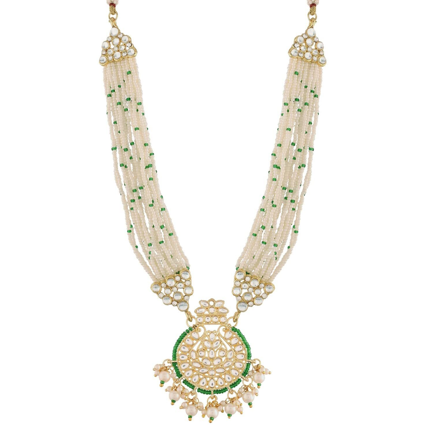I Jewels 18k Gold Plated Traditional Multistrand Pearl Kundan Studded Necklace Jewellery Set For Women (ML307G)