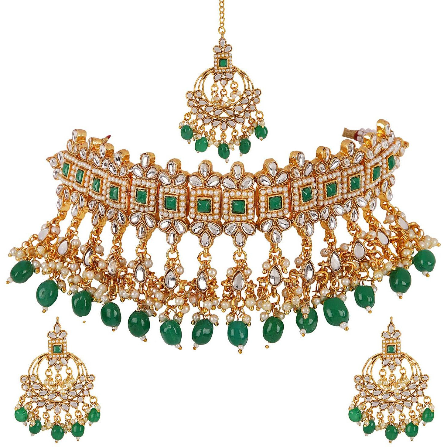 Shining Diva Fashion Latest Choker Design Traditional Pearl Kundan Necklace Set for Women Gold Plated Jewellery Set for Women (Green) (11266s)