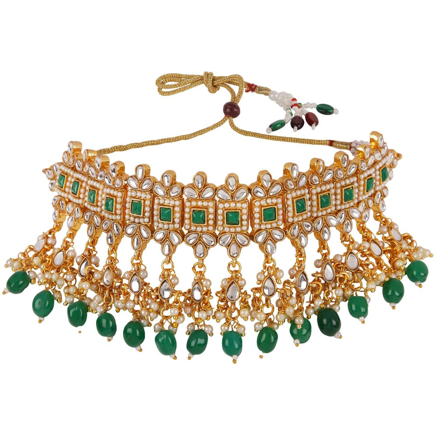 Shining Diva Fashion Latest Choker Design Traditional Pearl Kundan Necklace Set for Women Gold Plated Jewellery Set for Women (Green) (11266s)