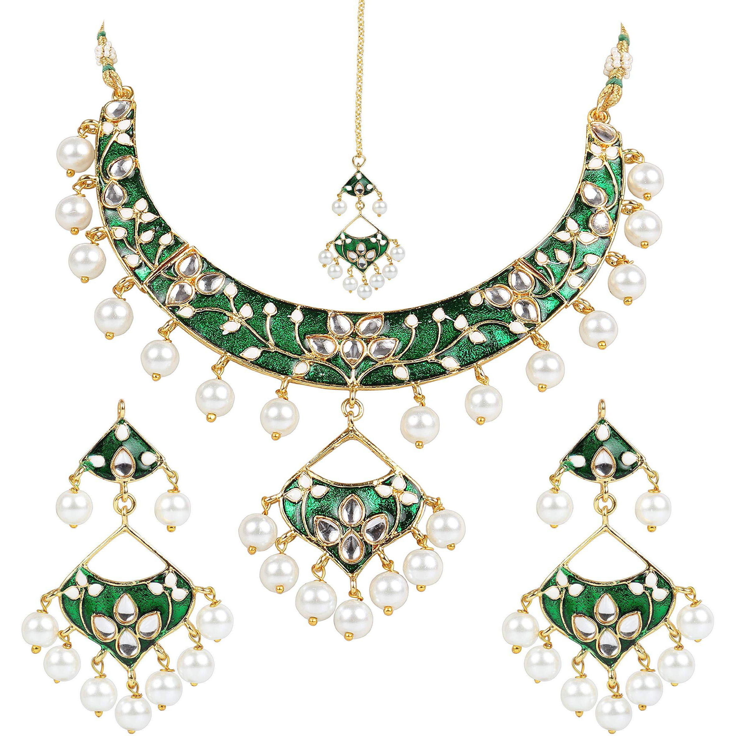 I Jewels Gold Plated Kundan Meenakari Necklace Jewellery Set For Women (M4084G)