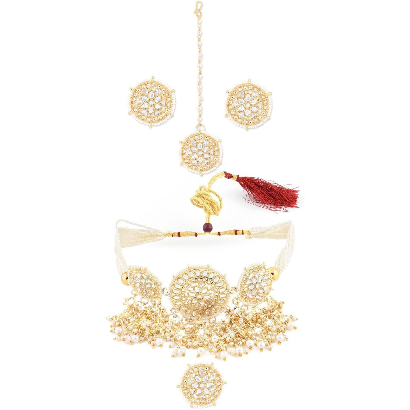 ZAVERI PEARLS Gold Tone Traditional Kundan Choker Necklace Earring Maangtikka & Ring Set For Women-ZPFK11238